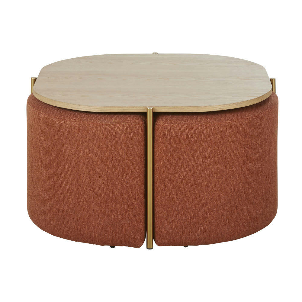 Sitdo - Table basse avec 4 poufs en polyester recyclé marron écureuil et métal doré