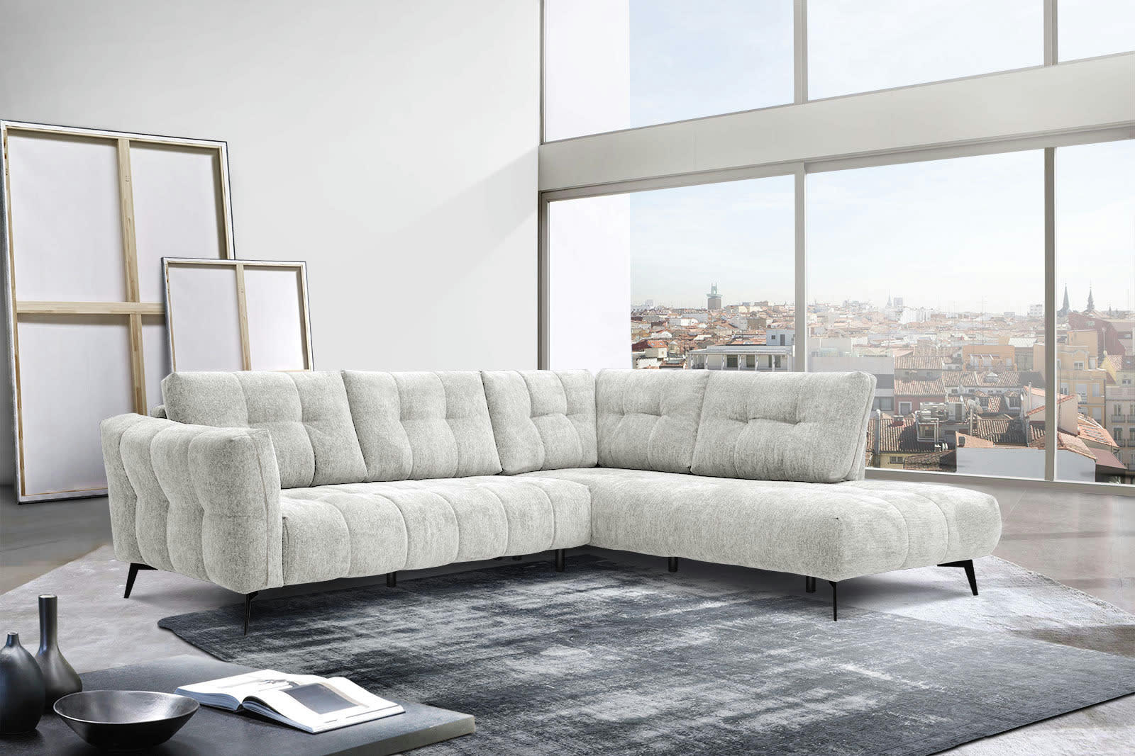 KALMER - Canapé d'angle droit 5 places tissu écru