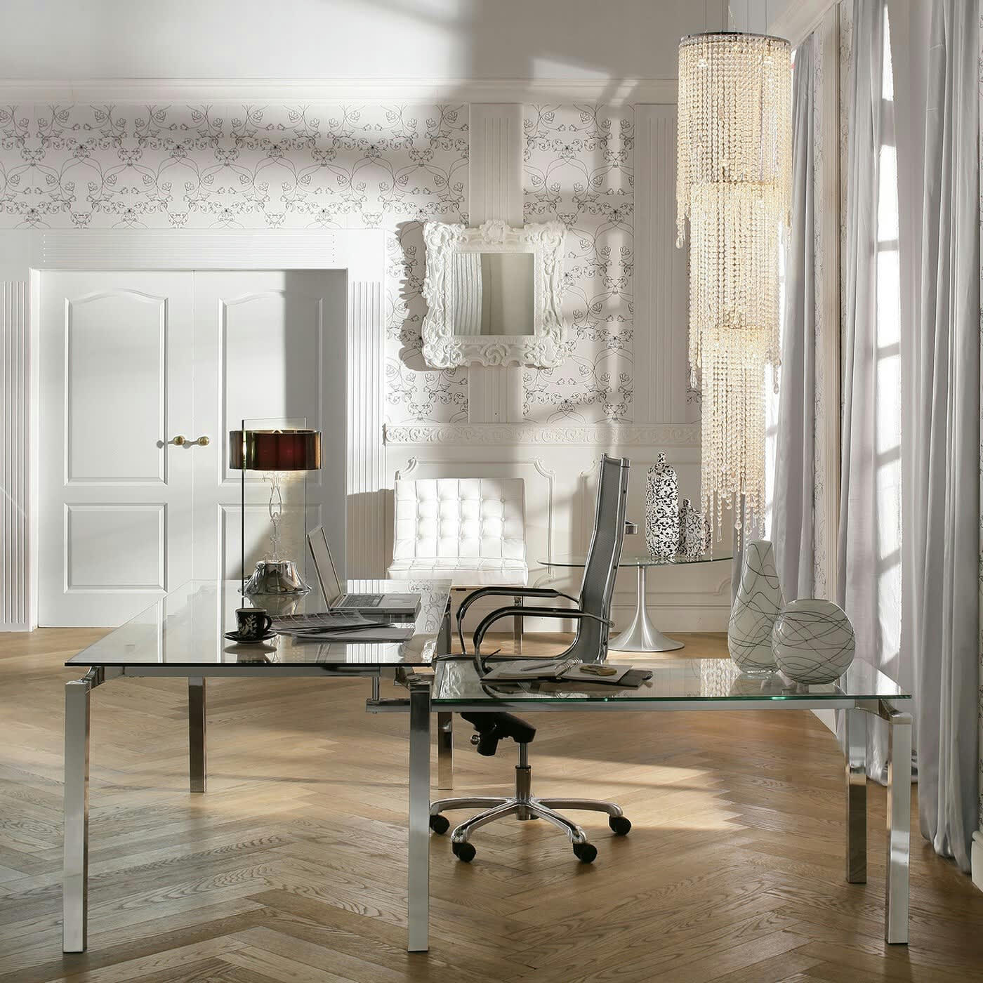 LORENCO - Bureau d'angle en verre et acier chromé