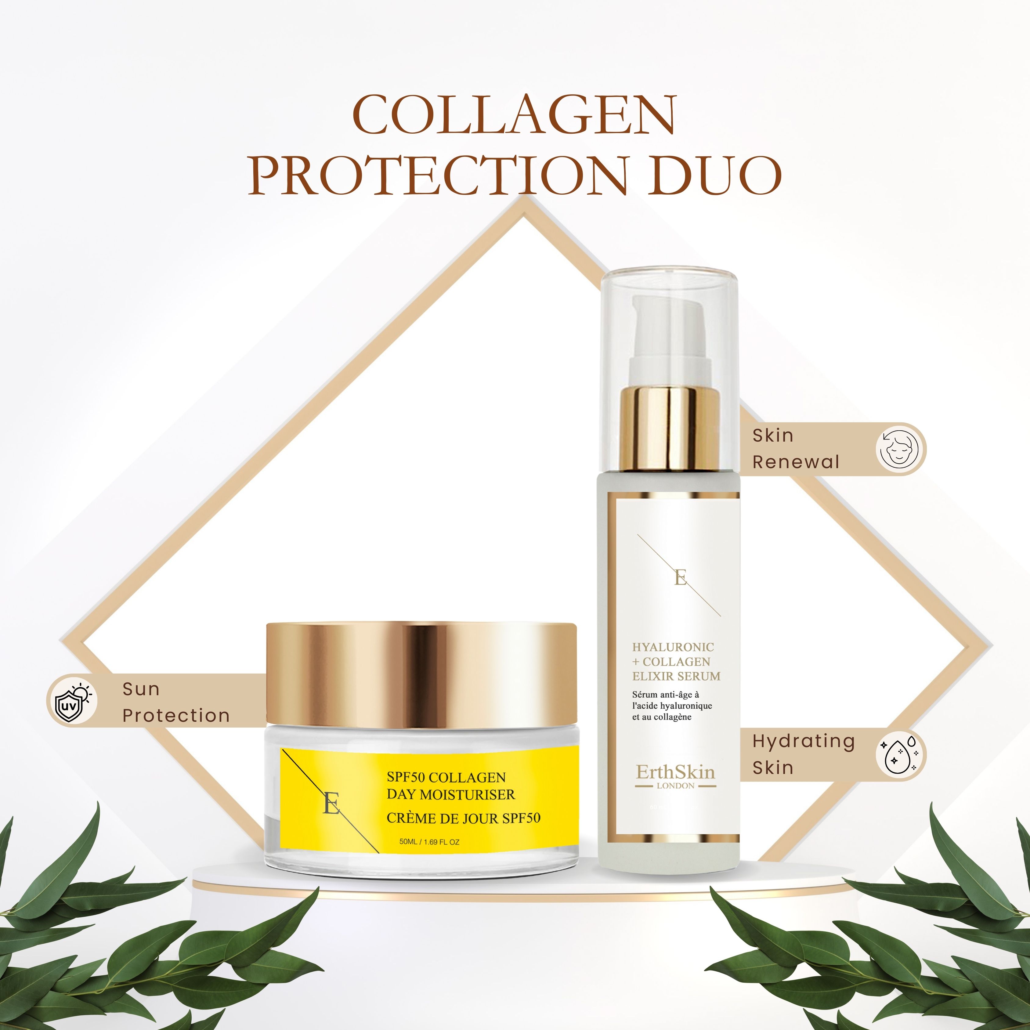 Erth Skin London SPF50 Collagen Day Cream 50ml   Hyaluronic acid & Collagen Serum 60ml