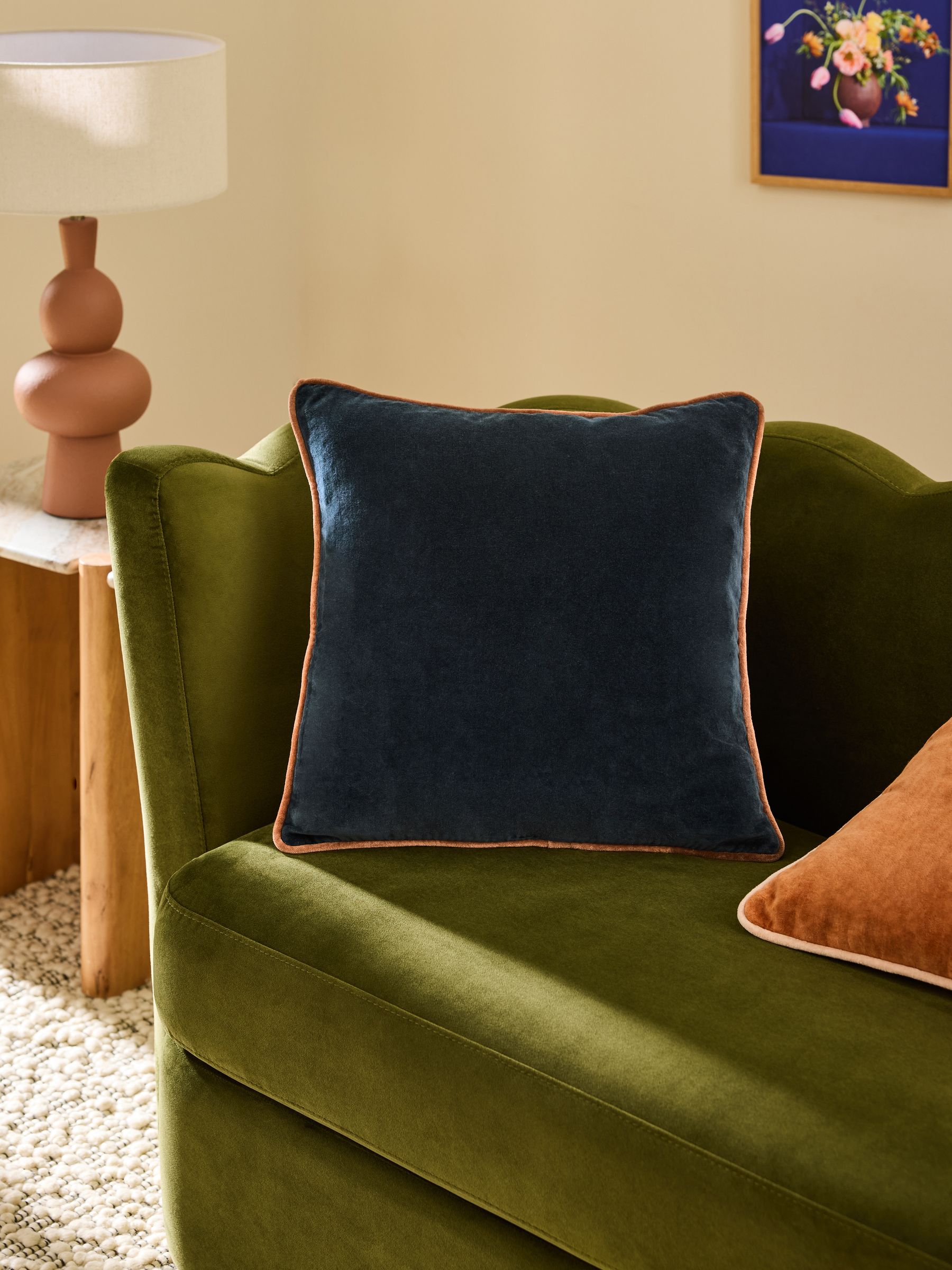 Bailey Cotton Velvet Piped Cushion in Navy Blue