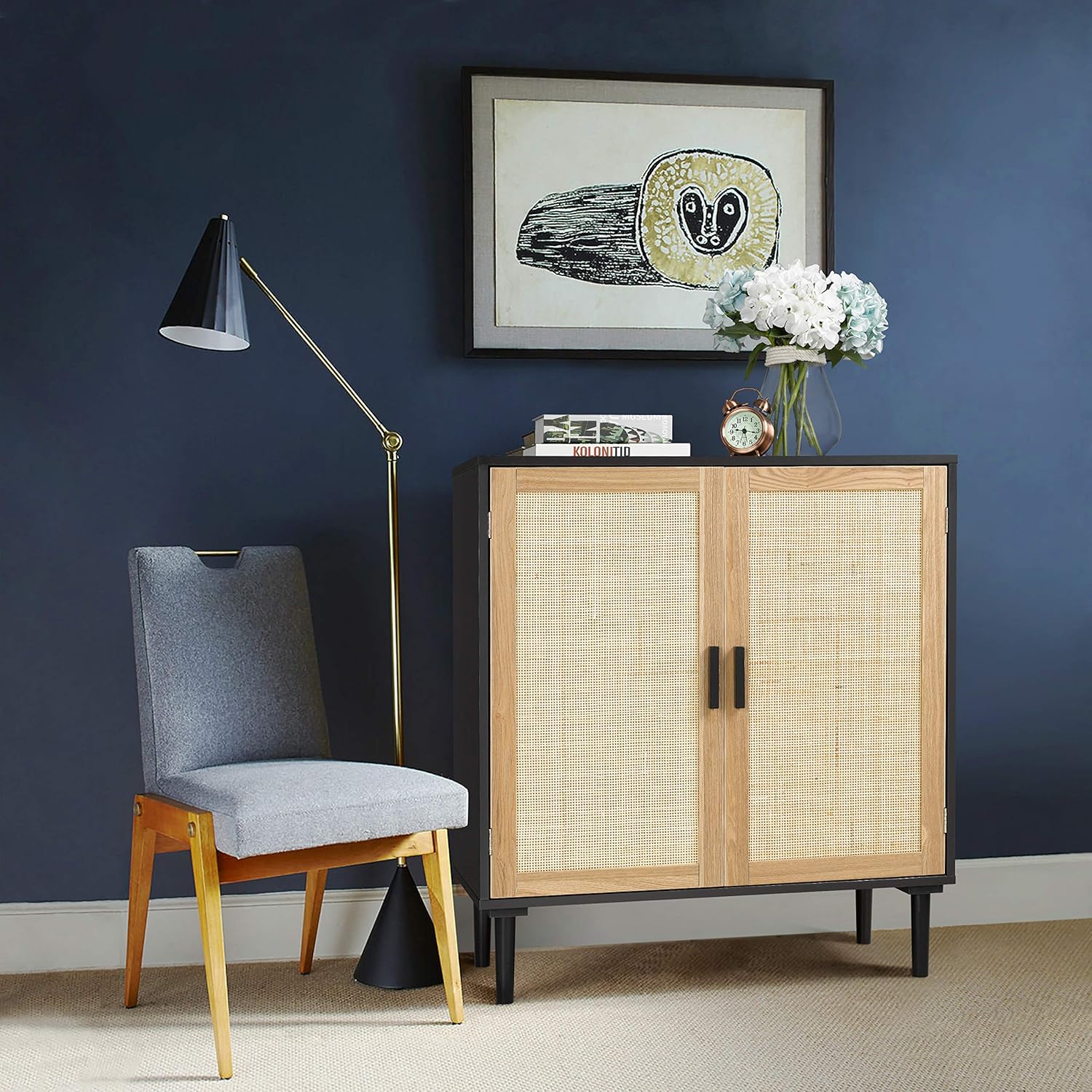 Finnhomy Sideboard Buffet Cabinet, Kitchen Storage Sideboard with Rattan Decorated Doors, Liquor Buffet for Bar, Dining Room, Hallway, Cupboard Console Table, Accent Cabinet, 31.5X 15.8X 34.6 Inches