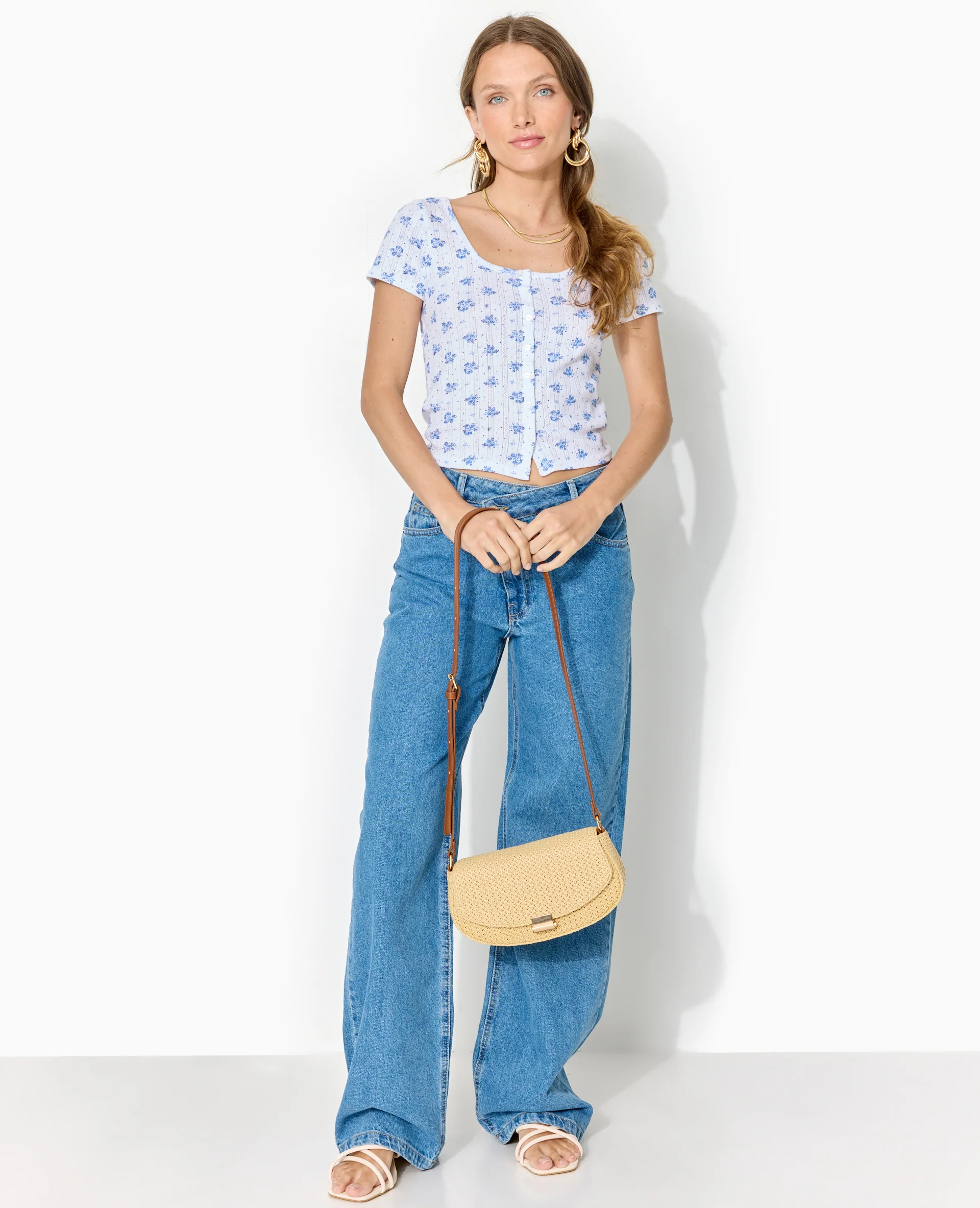 T-shirt boutonné en maille pointelle motif fleurs