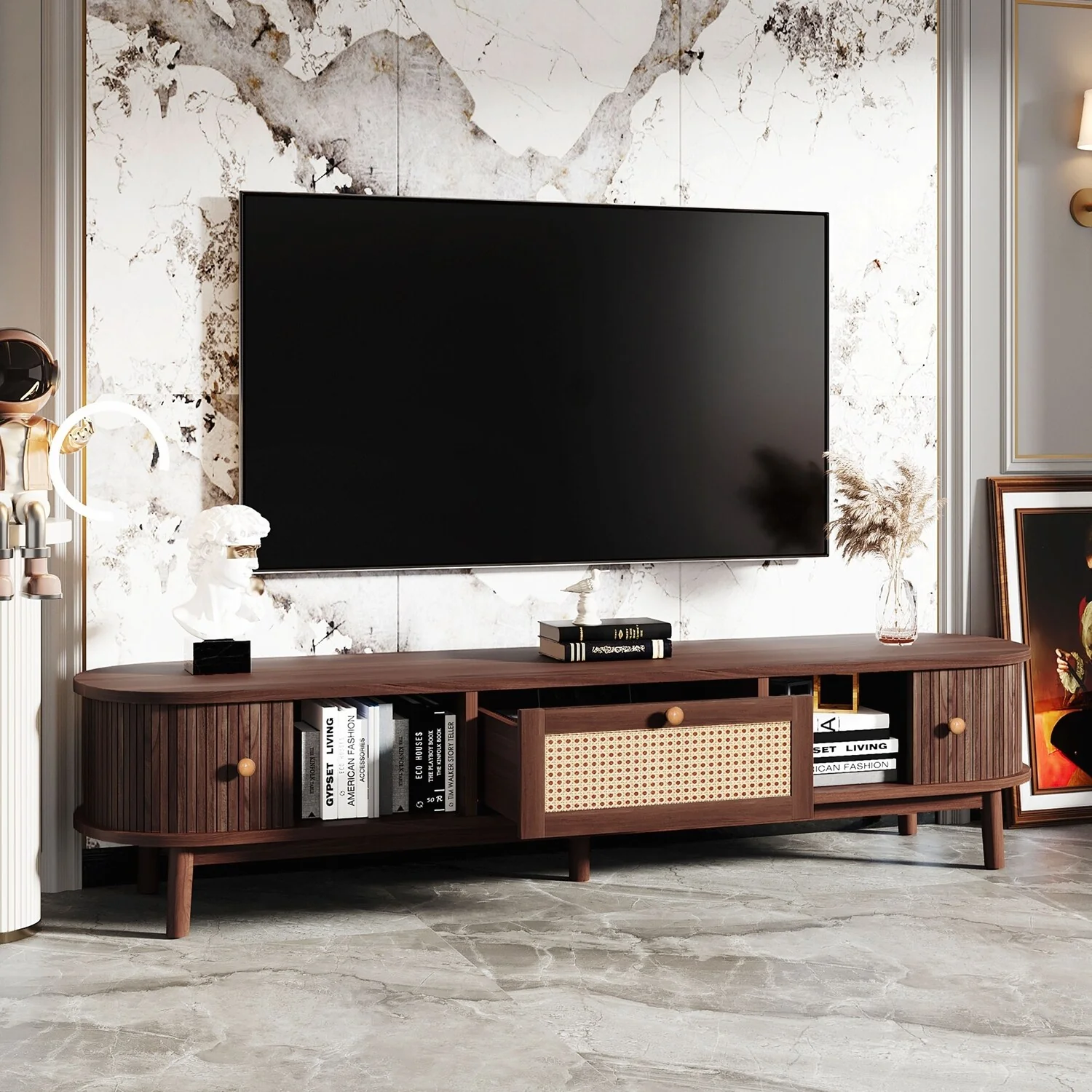 Stylish and Functional TV Stand with Rattan Front and Smart Storage for Living Room