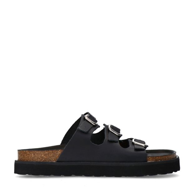 Zwarte leren slippers met buckles
