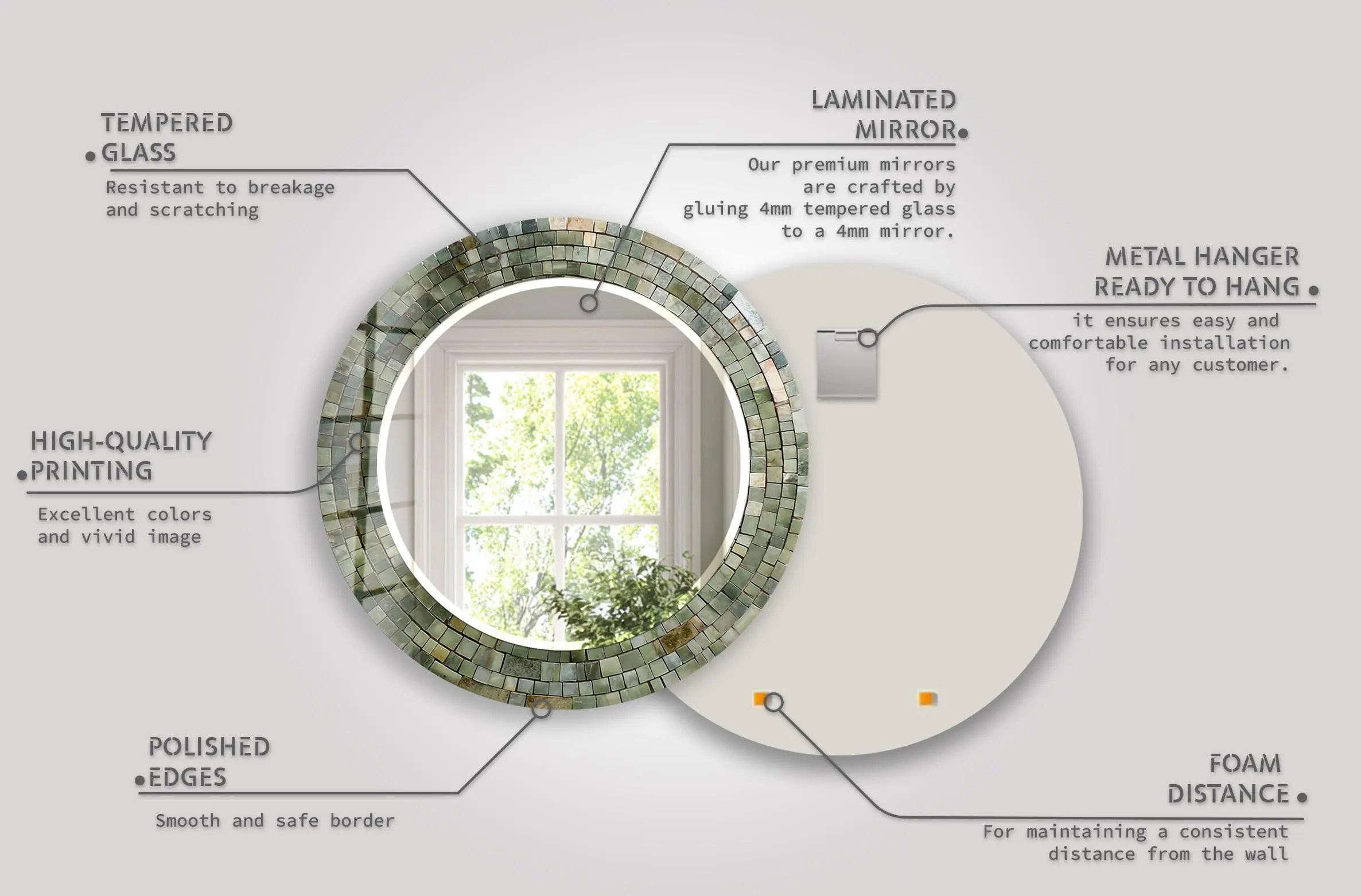 Round Glass Wall Mirror, Sage Green Mosaic Inspired Mirror, Neutral Bathroom Vanity Mirror, Luxury Wall Decor