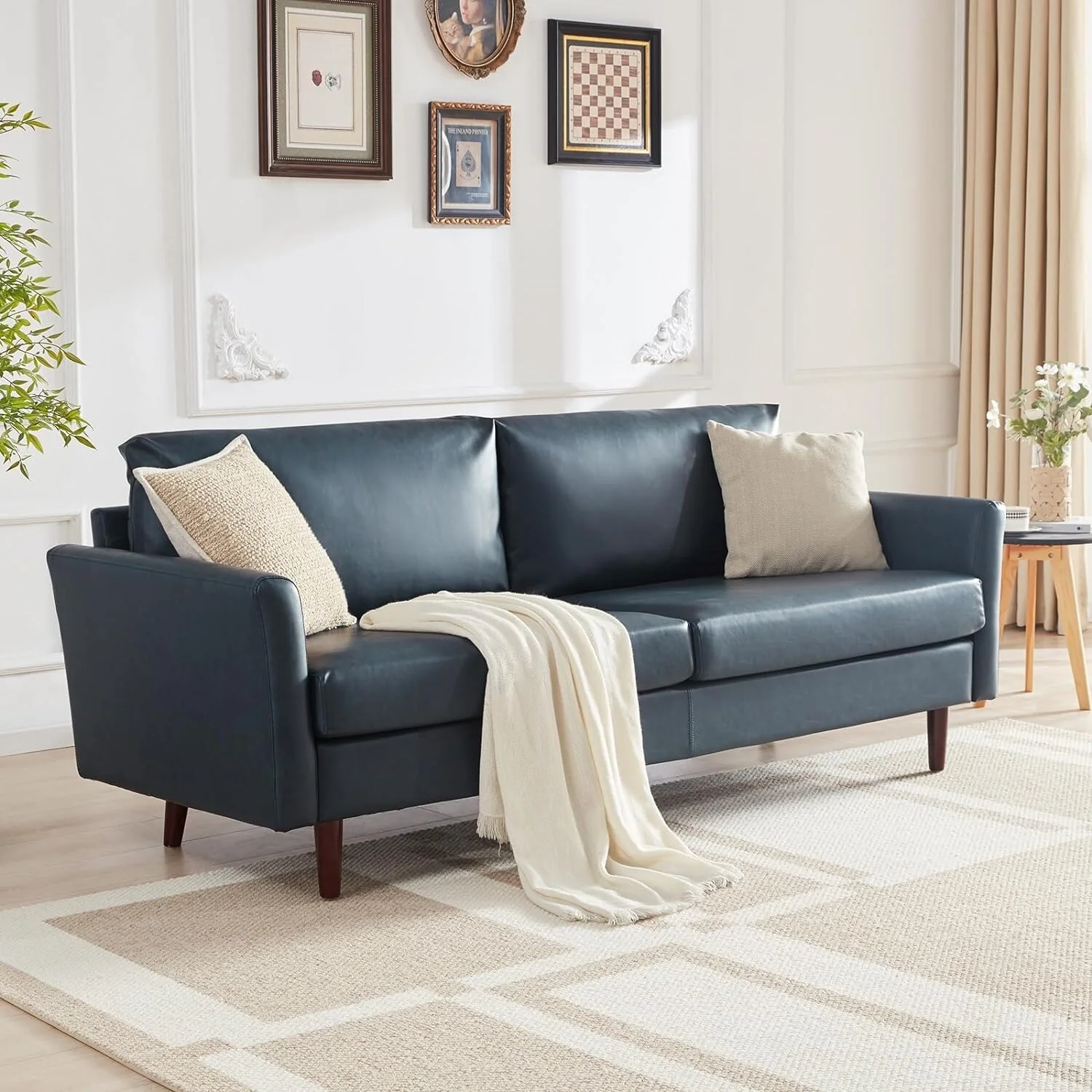 Peacock Blue Mid-Century Modern 80 Faux Leather 3-seater Sofa with Wood Legs and Padded Cushionsfor Living Room
