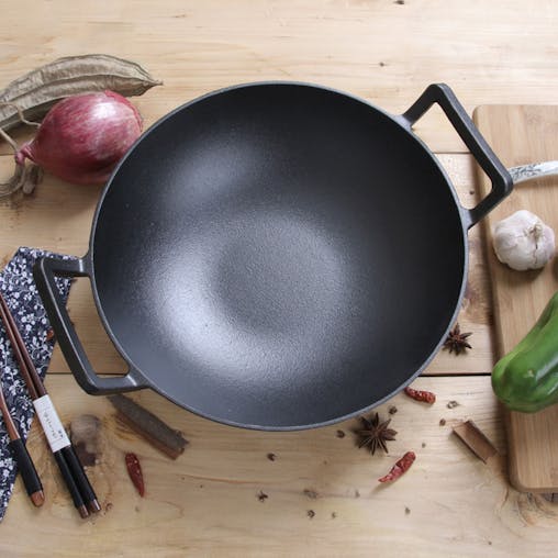 SOGA 2X 32cm Commercial Cast Iron Wok FryPan with Wooden Lid Fry Pan