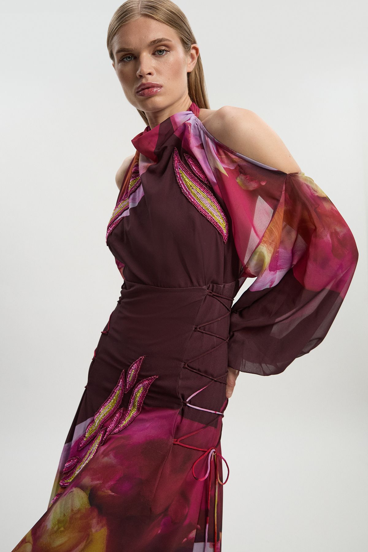 KarenMillen Lily Macrae Cold Shoulder Embellished Woven Maxi Dress