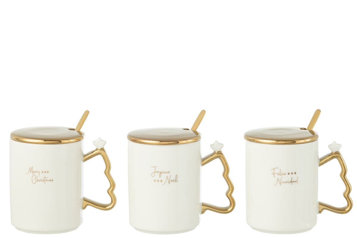 J-Line kop   lepeltje Kerst - keramiek - wit/goud - 3 stuks