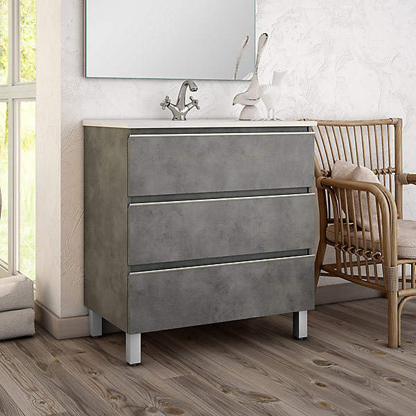 Ensemble meuble de salle de bain 80cm simple vasque   colonne de rangement PALMA - ciment (gris)