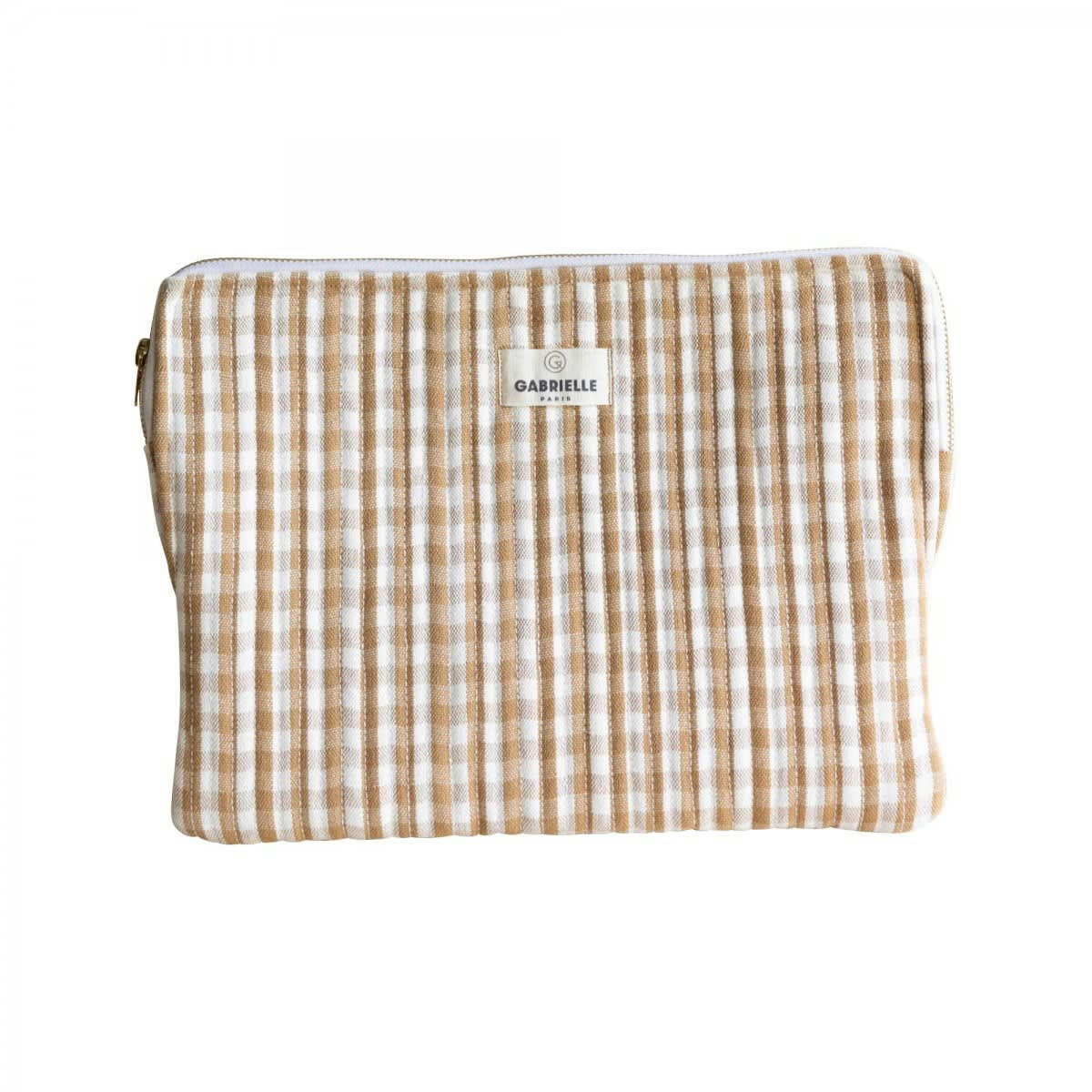 PAR AMOUR - Pochette ordinateur en coton imprimé Vichy beige