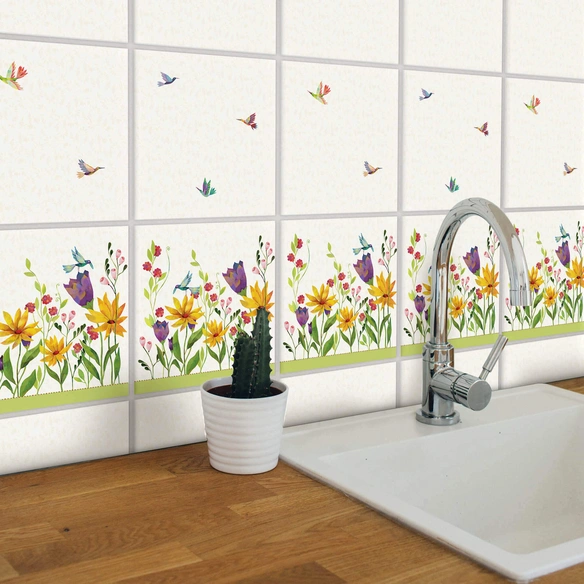 Fliesenaufkleber »Blumenwiese mit Vögeln«, selbstklebend