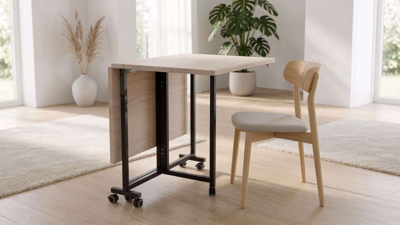 White Finish Drop Leaf Table | Rolling Folding Dining Table | Space Saving Kitchen Table | Solid Wood Top