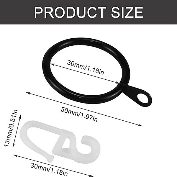 50pcs anneau de rideau noir et crochet de rideau, diamètre intérieur 30mm pour rideau de douche, porte - fenêtre (noir)