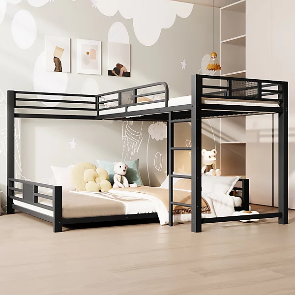 Lit Superposé 90x200 cm/140x200 cm - Lit en L pour 2 Enfants avec échelle et Rangement, Sans Matelas, en Métal, Noir