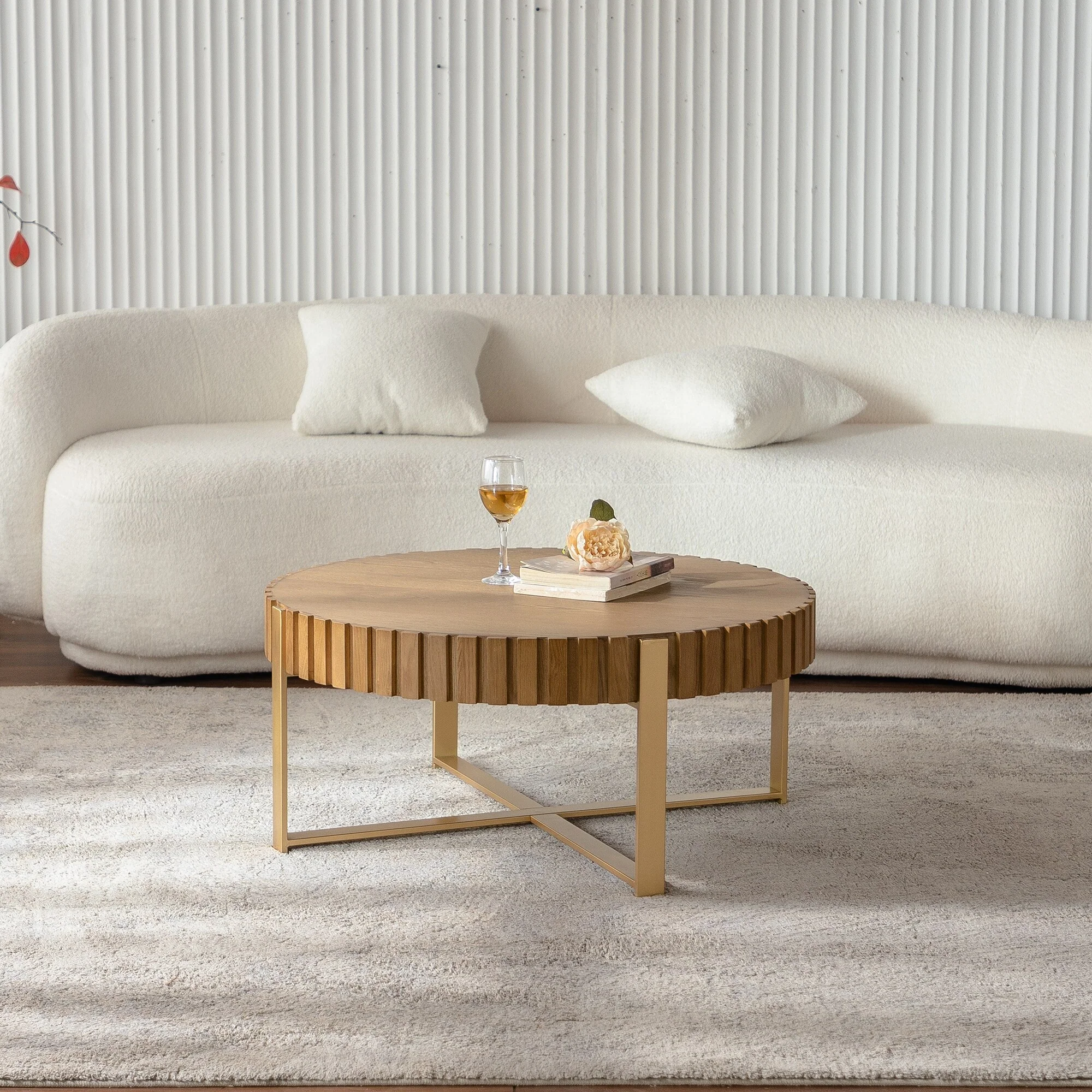 Round Two-Ply Coffee Table Handcrafted Relief Sturdy Pedestal Wooden Olive-Shaped Tea Table