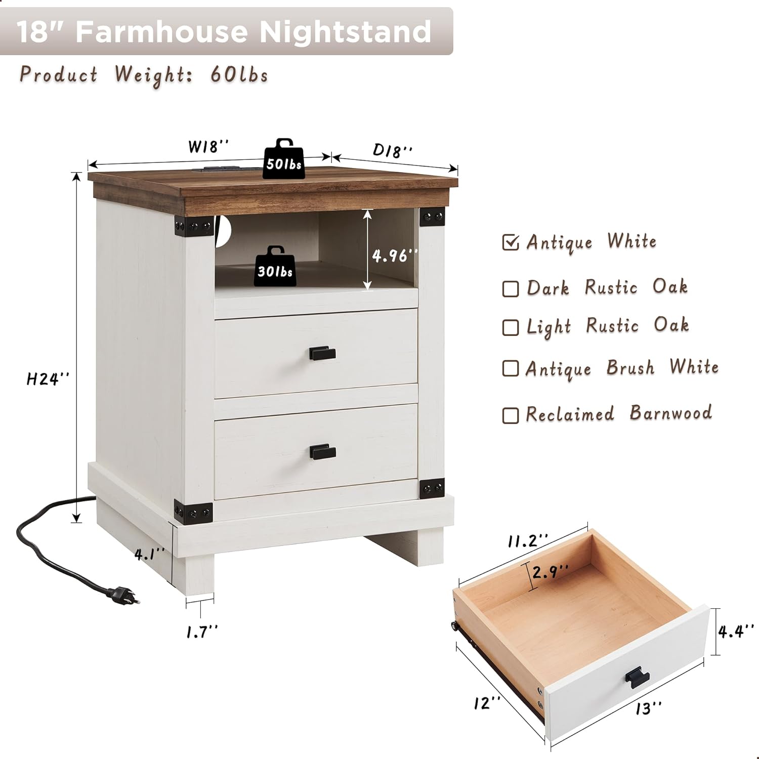 Farmhouse Nightstand Set of 2 with Charging Station, 18 Rustic Night Stand with 2 Storage Drawers, Wood End Table for Bedroom, Living Room, Antique White