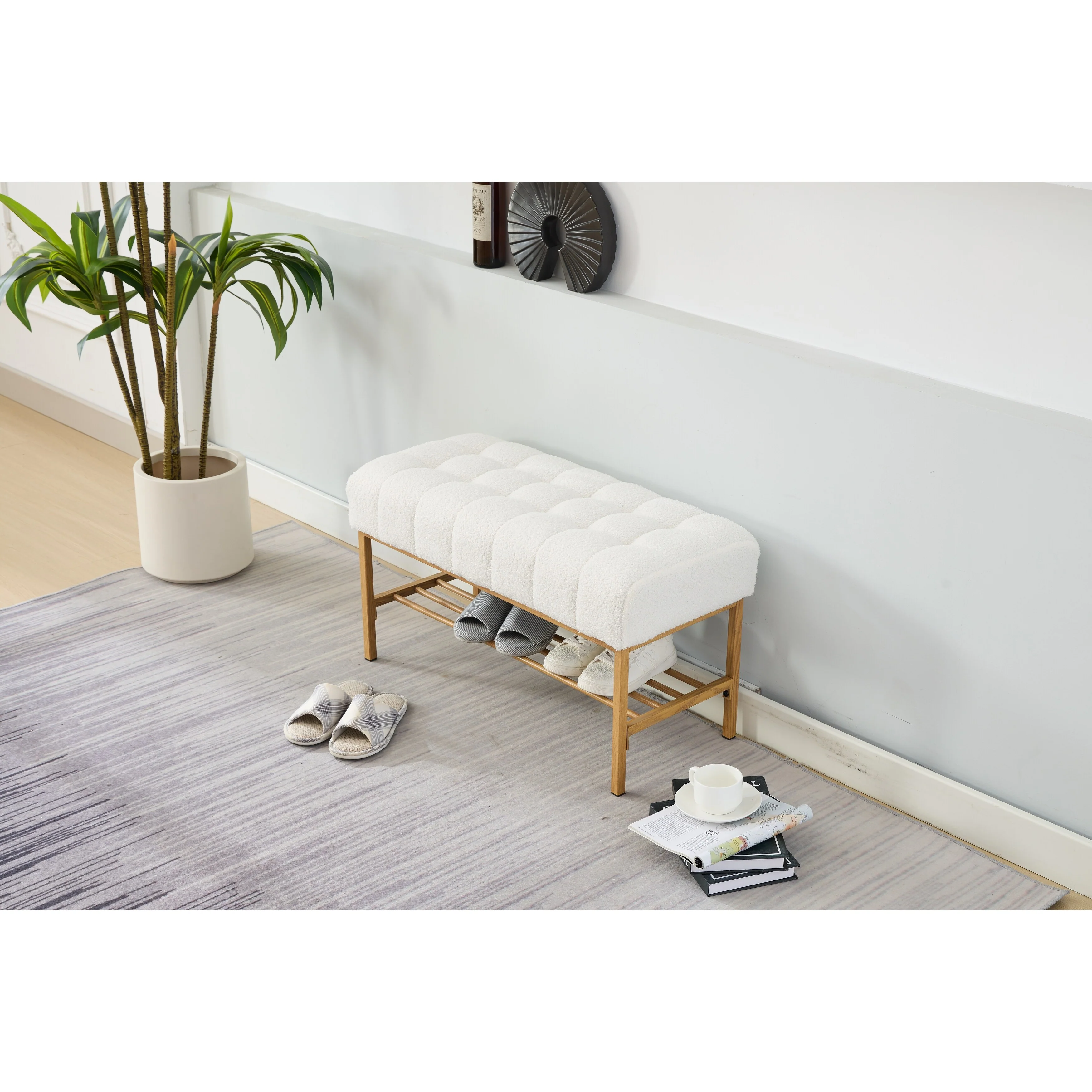 Teddy fabric Upholstered Storage Shoe Bench