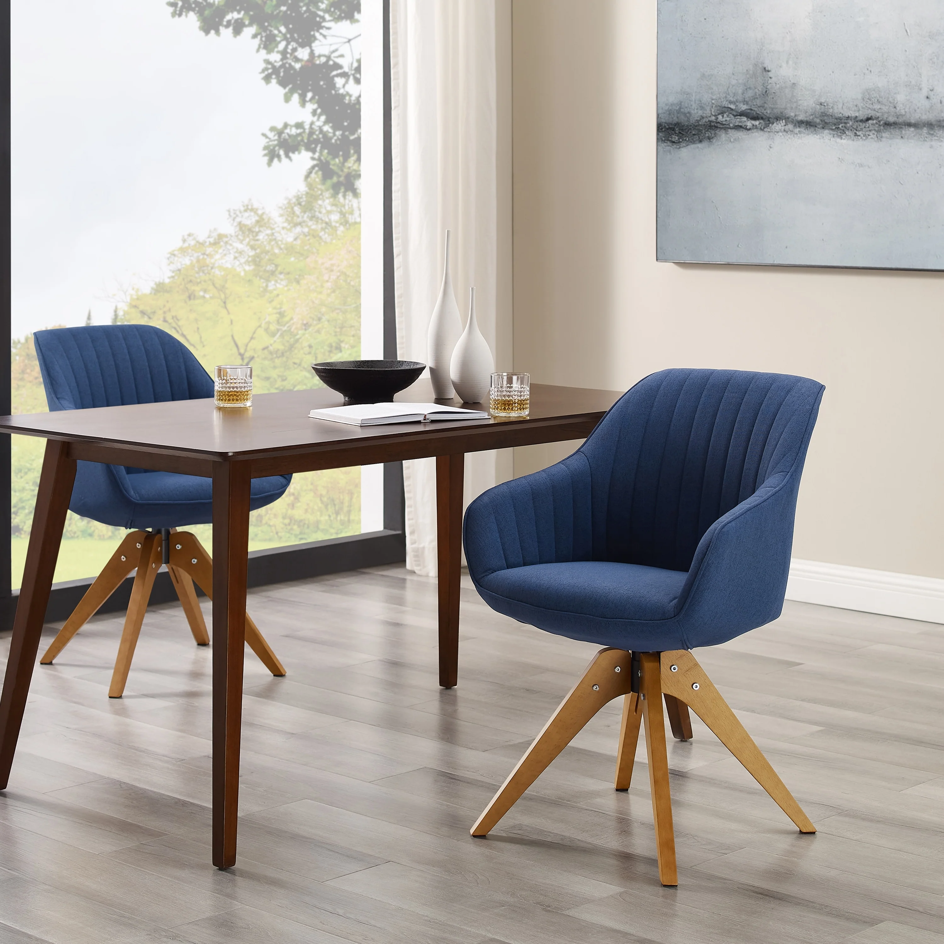 Art Leon Set of 2 Mid-century Swivel Dining Chairs with Wood Legs