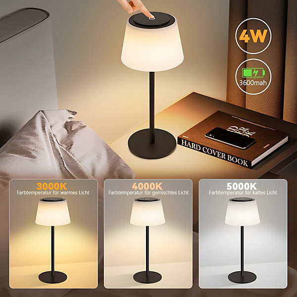 Nettlife lampe de chevet sans fil à led, rechargeable par usb, tactile, intensité variable, noire, 3600 mha