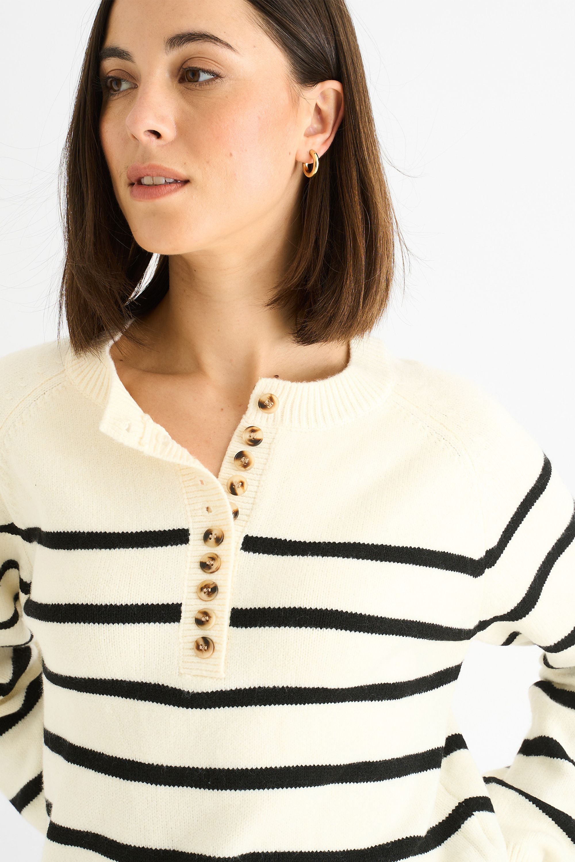 Gini London Cream Stripe Button Up Loose Fit Knit Jumper