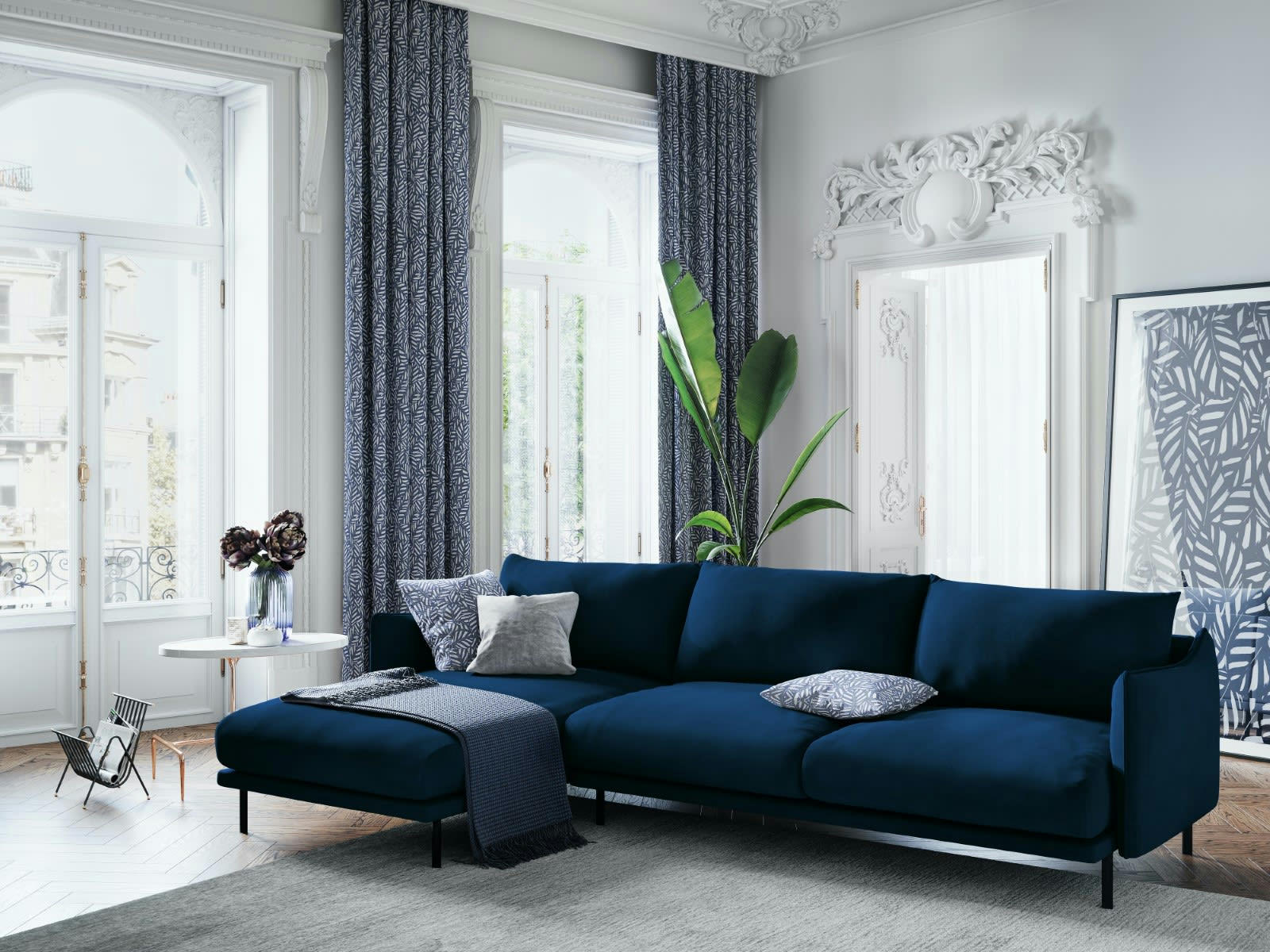 PARIS - Canapé D'Angle Gauche 5 places en Velours Bleu Roi