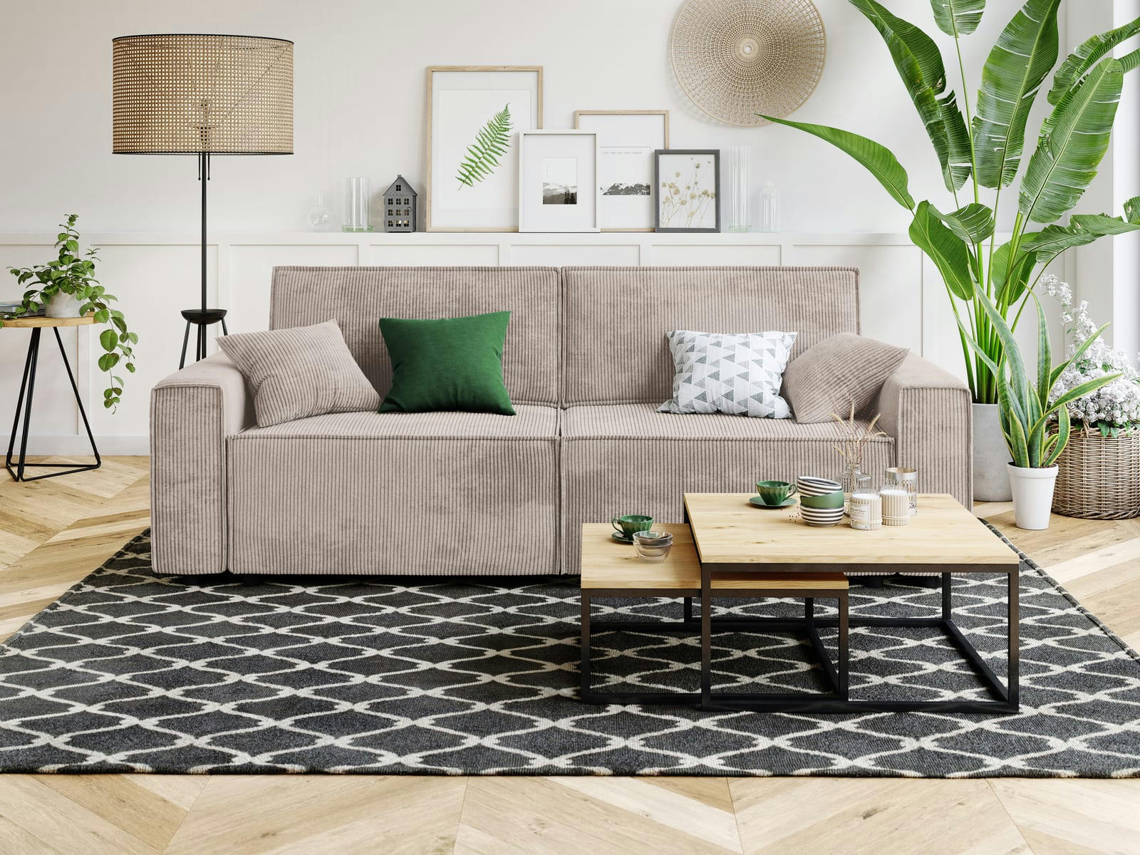 MIRA - Canapé droit convertible en velours côtelé 3 places grège