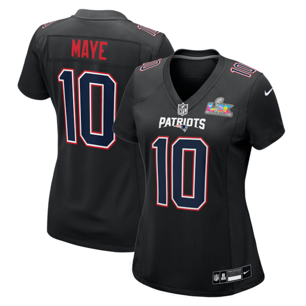 Women's New England Patriots Drake Maye Nike Super Bowl LX Patch Carbon Fashion Game Jersey - Black/Silver/White