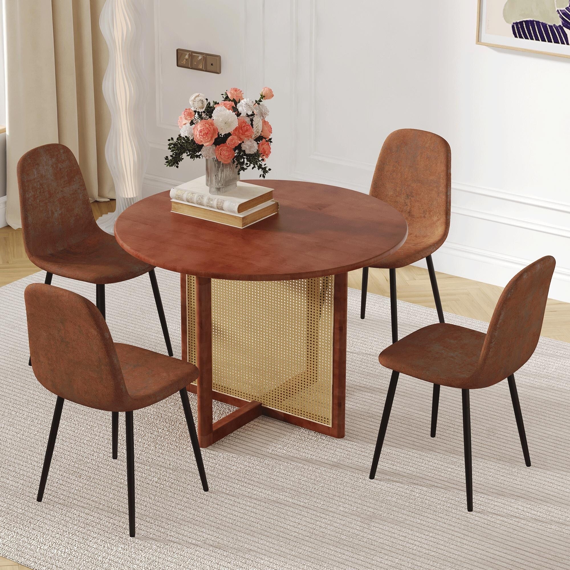 5-Piece Round Dining Table with Techno-Fabric Chairs & Imitation Rattan Table Legs, Anti-Slip Feet, Rounded Backrest