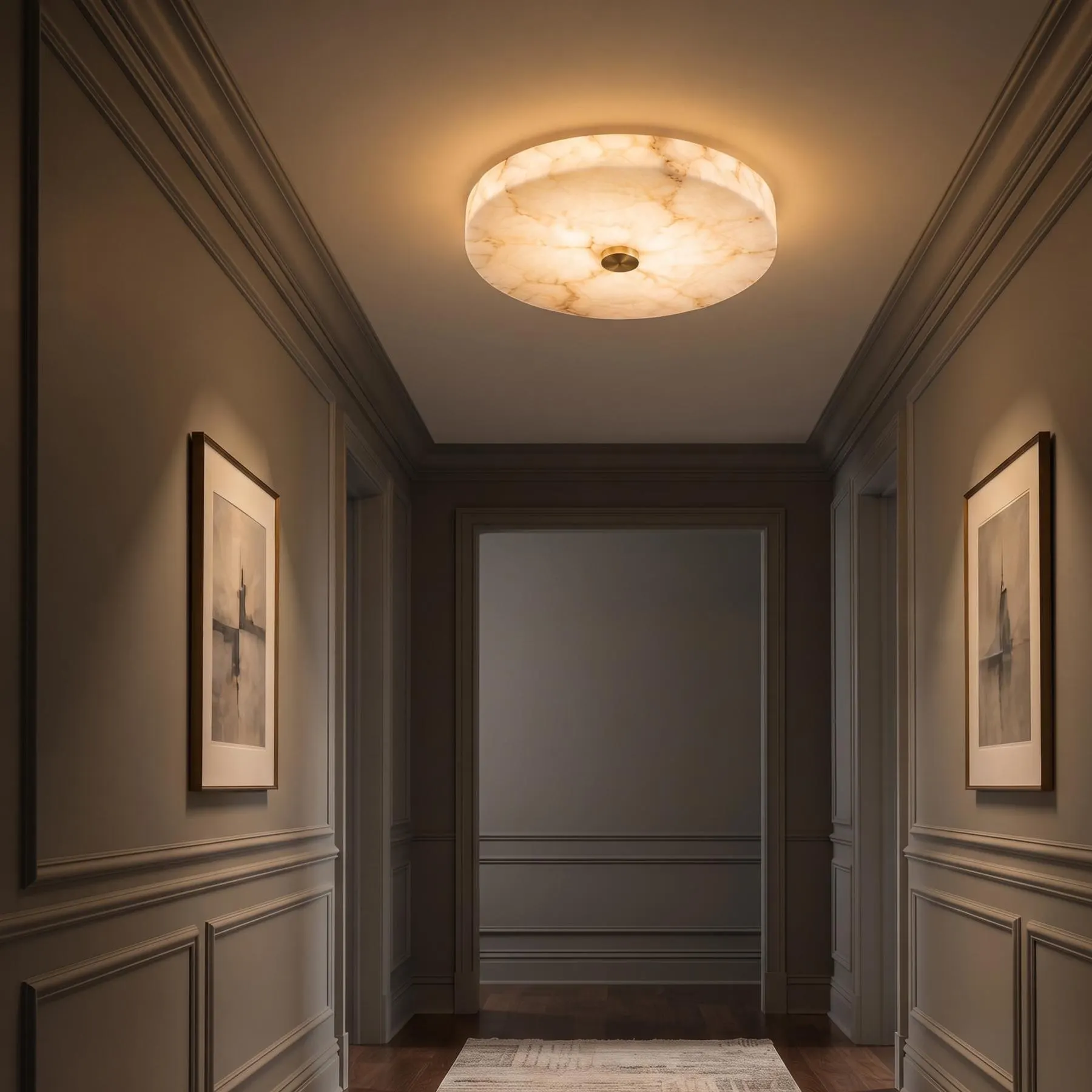 Modern Alabaster Flush Mount Ceiling Light | Round Brass Ceiling Fixture | Luxury Stone Ceiling Lamp | 12