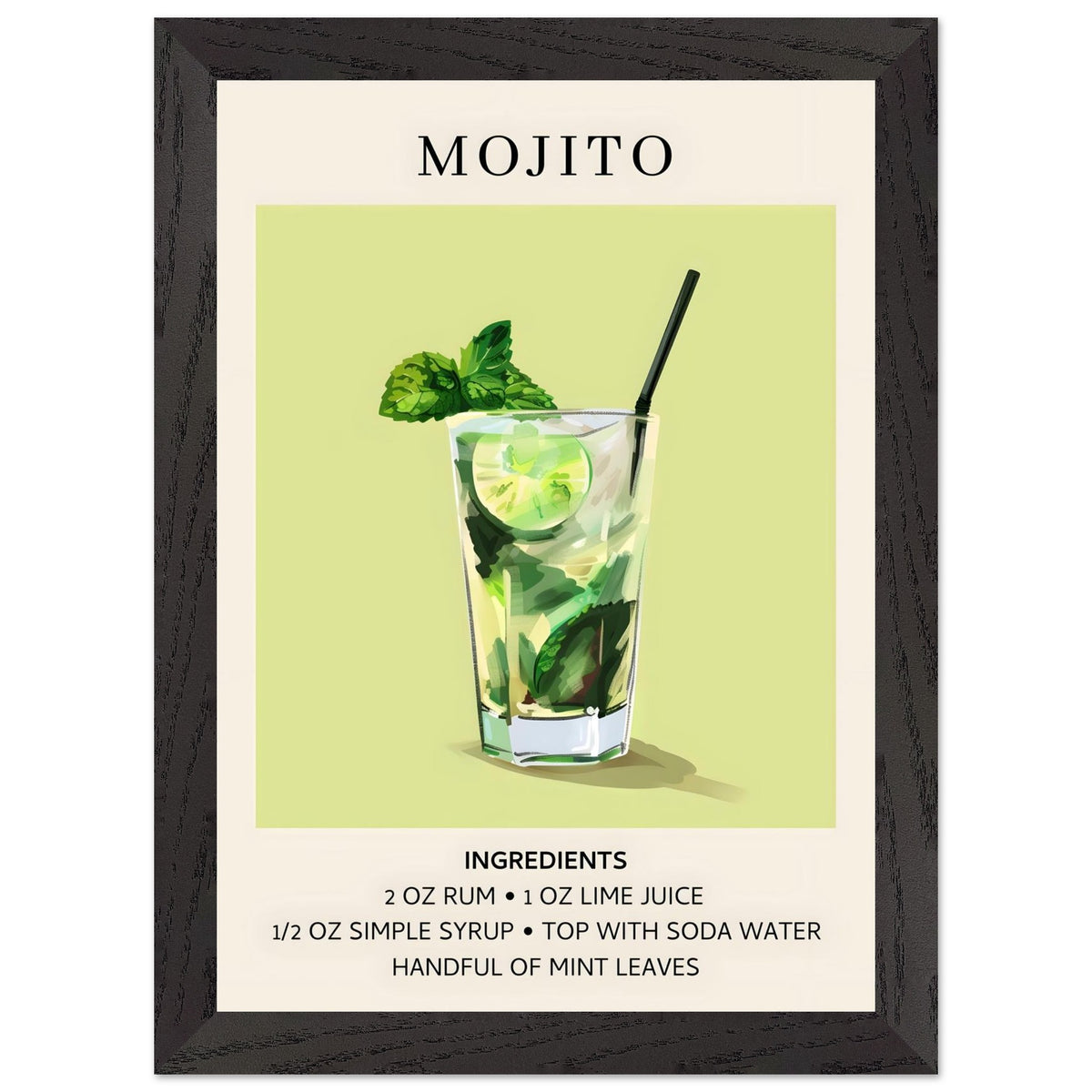 Artfulprints Poster met Lijst Mojito cocktail - Ingrediënten  - A4 21x29.7 cm - Groen