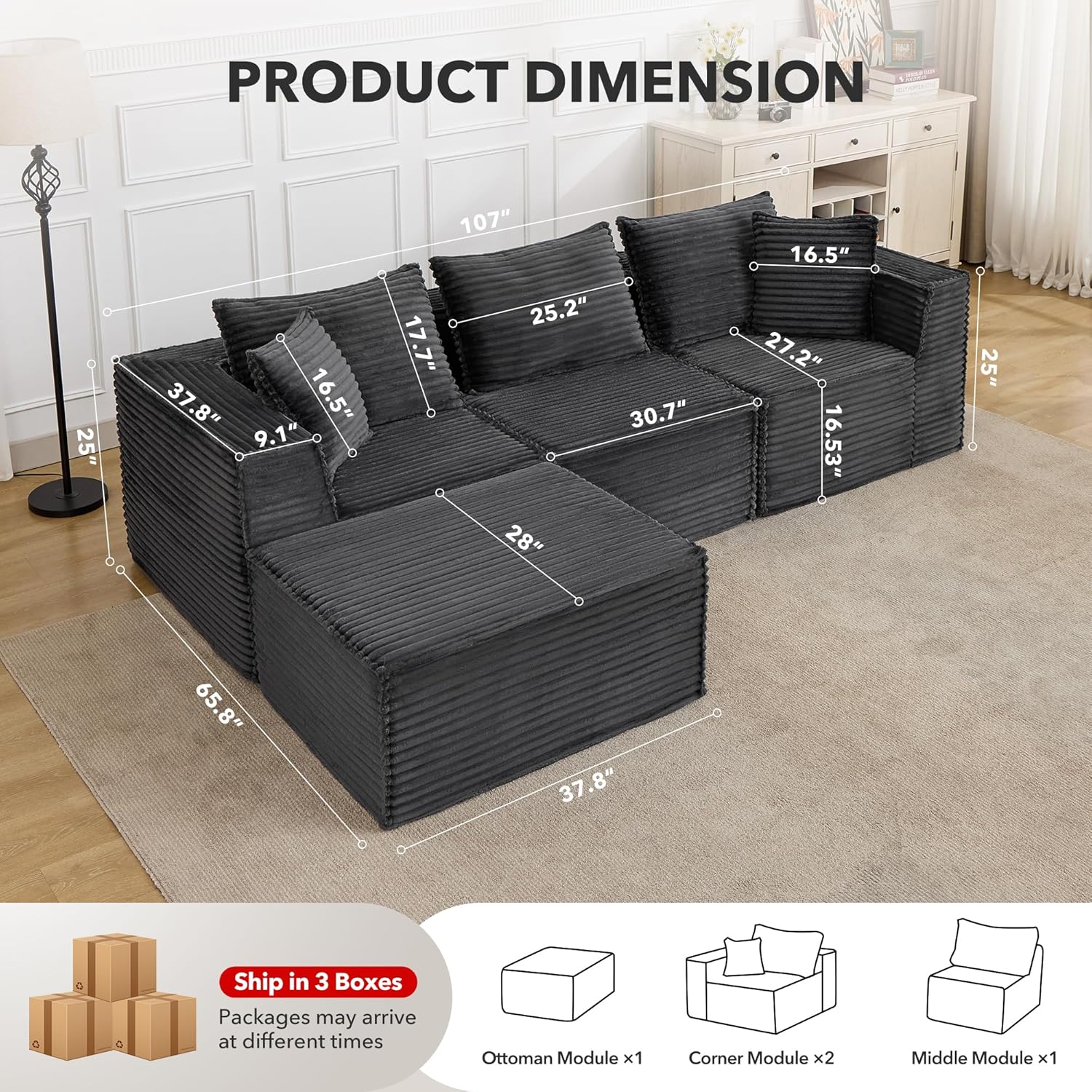 107 Modular Sectional Cloud Couch for Living Room,Deep Seat Boneless Couch,Convertible Sofas with Ottomans,No Assembly Compression Sofas, Comfy Floor Sofa with Memory Foam (3 Seater+1 Ottoman),Grey