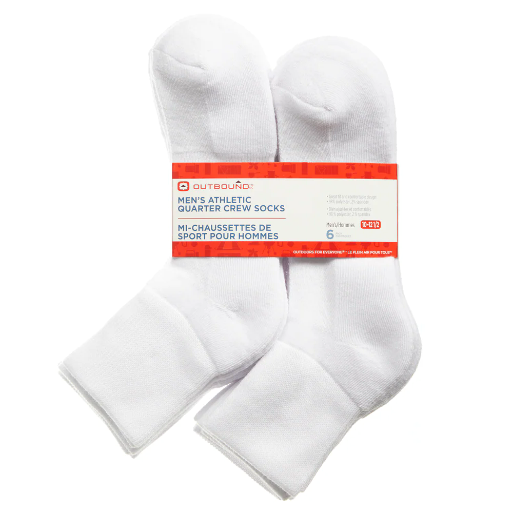 Outbound Men's Athletic Quarter-Crew Socks with Cushioned Sole, 6-pk, Assorted Colours