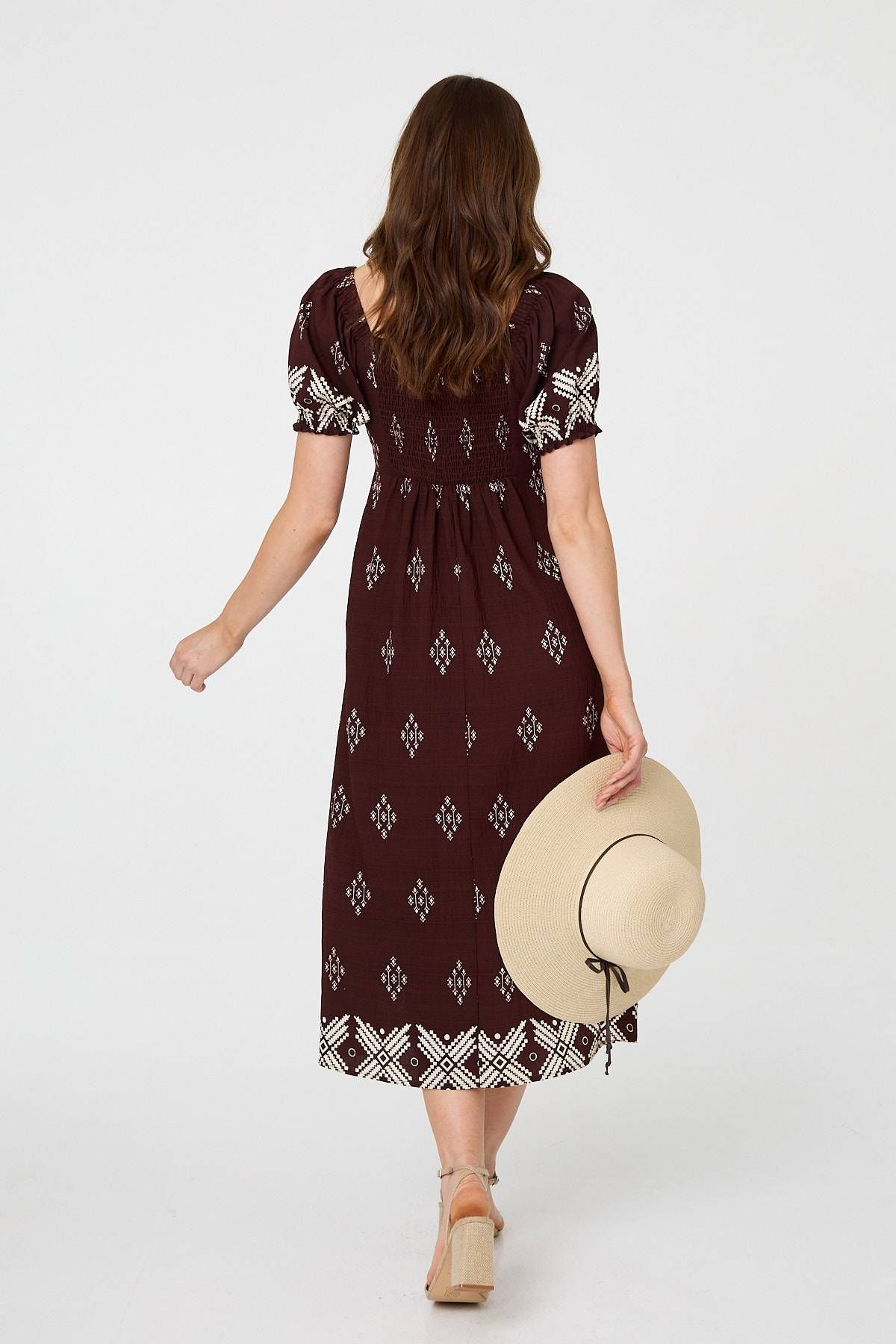 Izabel London Border Print Puff Sleeve Midi Dress