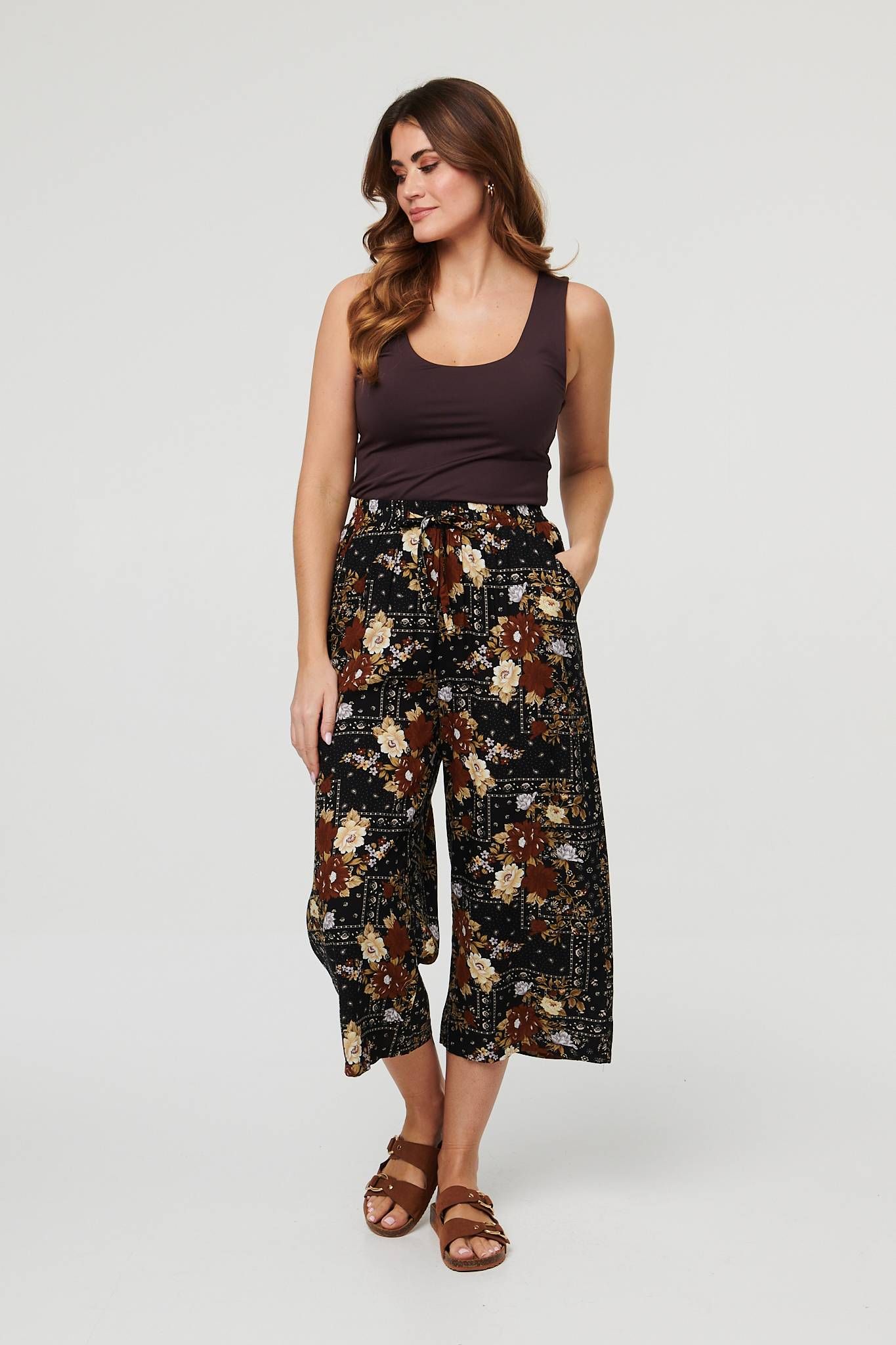 Izabel London Printed High Waist Wide Cropped Trousers