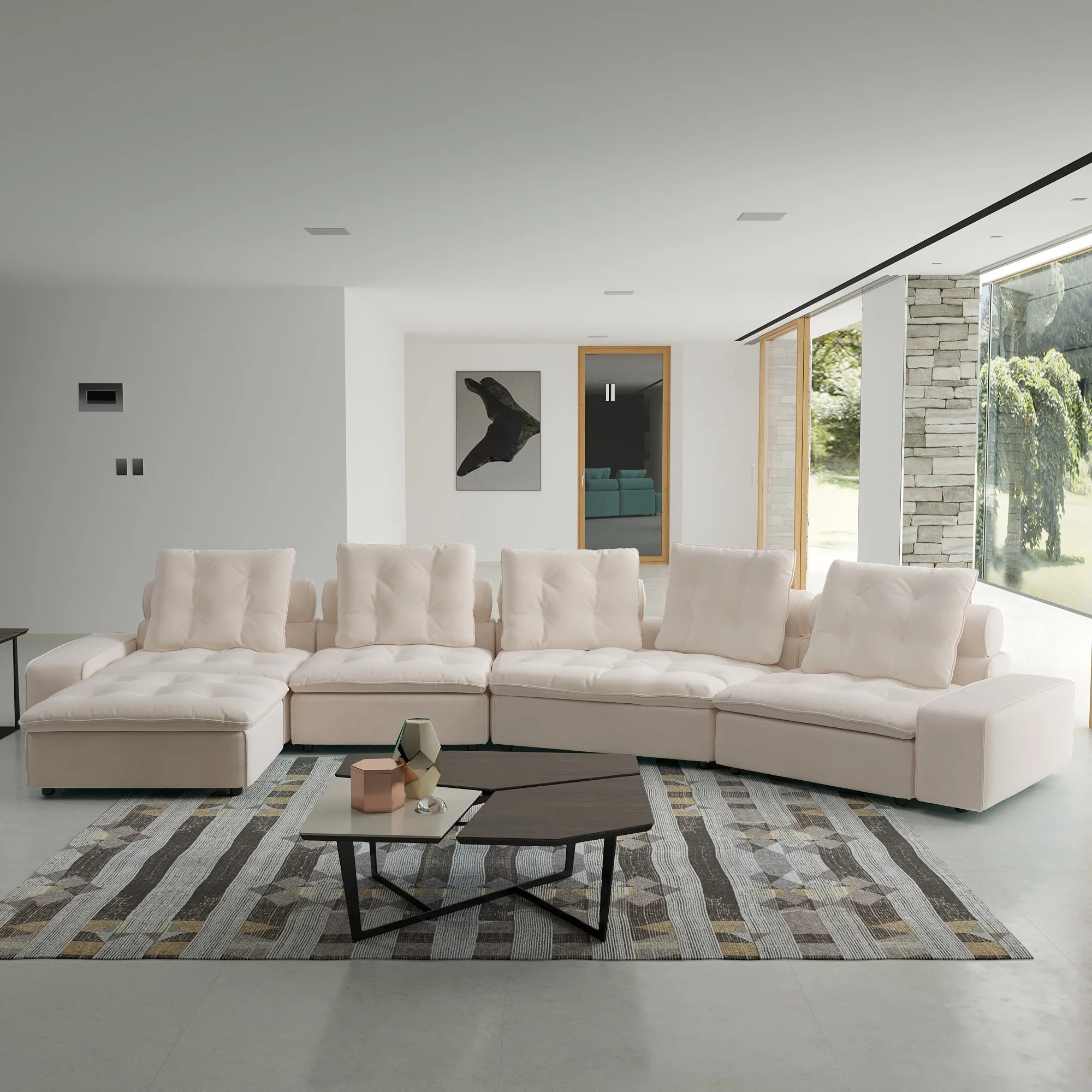 211.77 Down Filled Curved Sectional Sofa Oversized 4 Seater with Ottoman for Living Room Set