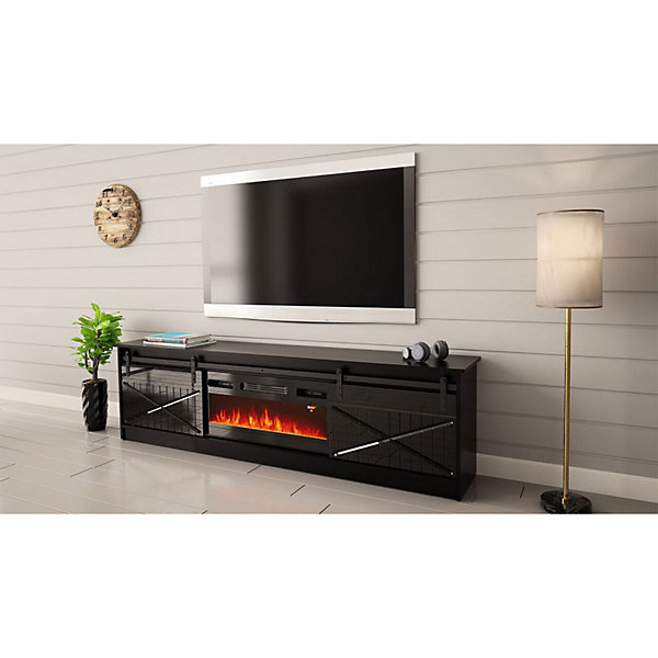 Meuble TV 200x57x35 Cm Noir Brillant Grange Avec Cheminée Chauffante Intégrée Meuble Hi-fiÀ Poser