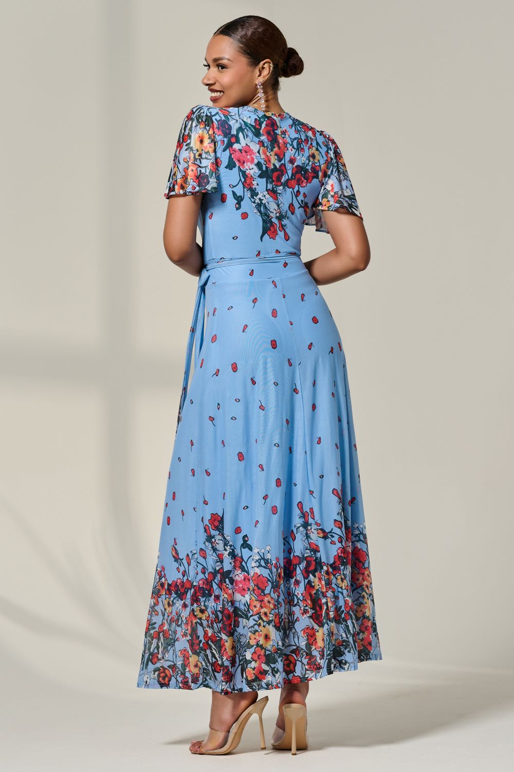 Jolie Moi Floral Mirror Mesh Wrap Maxi Dress