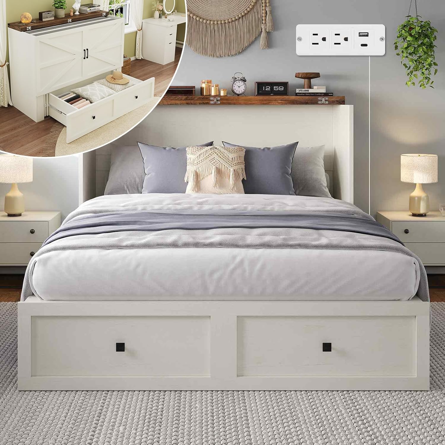 Murphy Bed with Charging Station, Queen Size Cabinet Bed with Large Storage Drawer for Home Office or Small Room, Hideaway Foldable Platform Bed, White