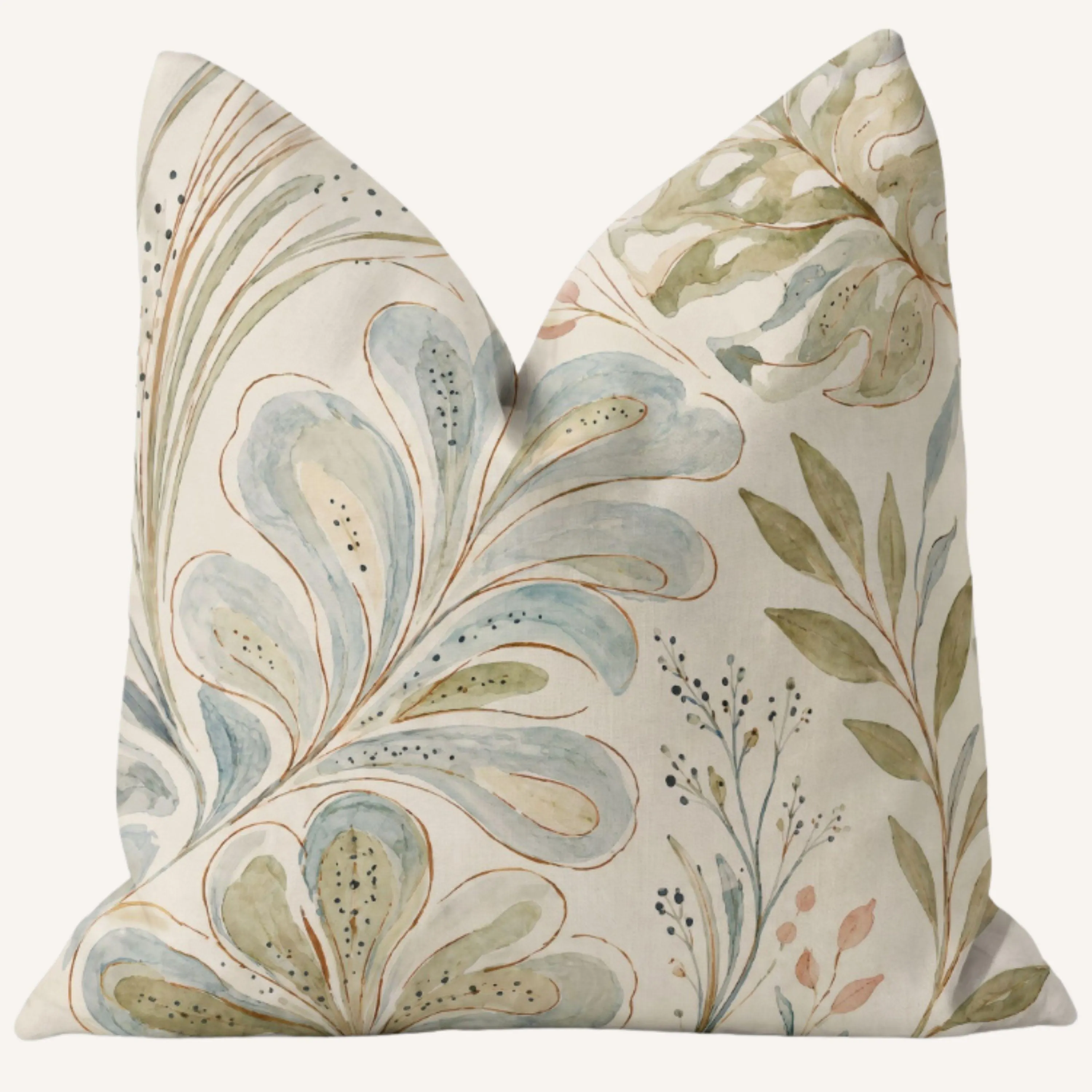 Watercolor Botanical Throw Pillow Sage Cream Blue Modern Coastal Sofa Cushion Living Room Bedroom Beach House Decor Cottage Sunroom Bench