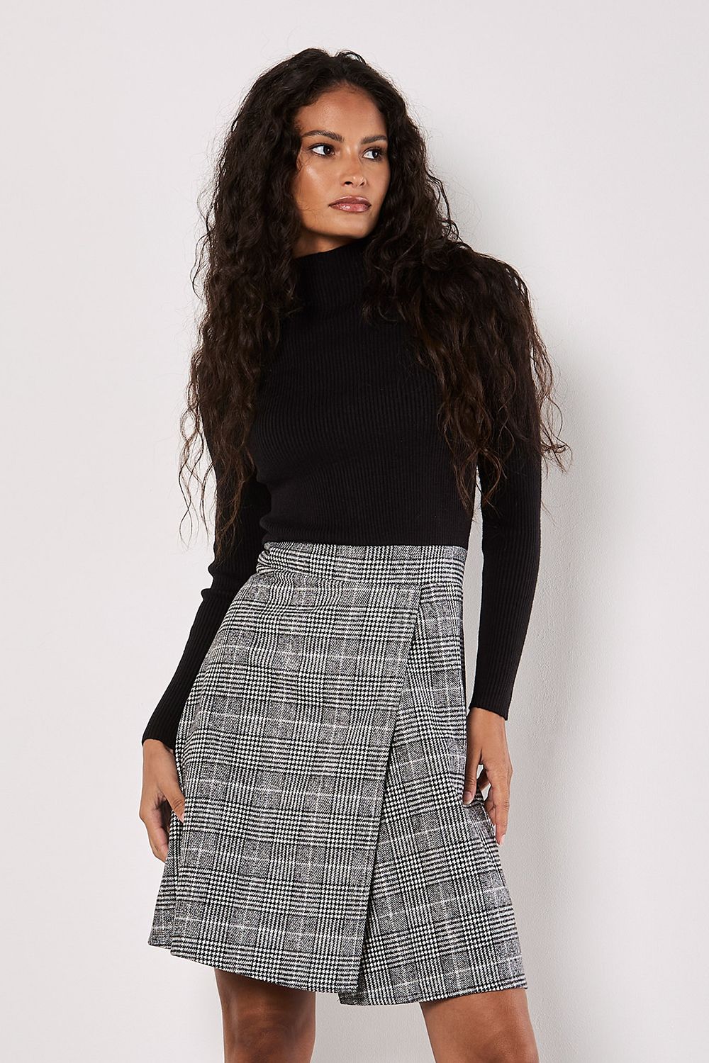 Apricot Ribbed Knit Check Skirt Mini Dress
