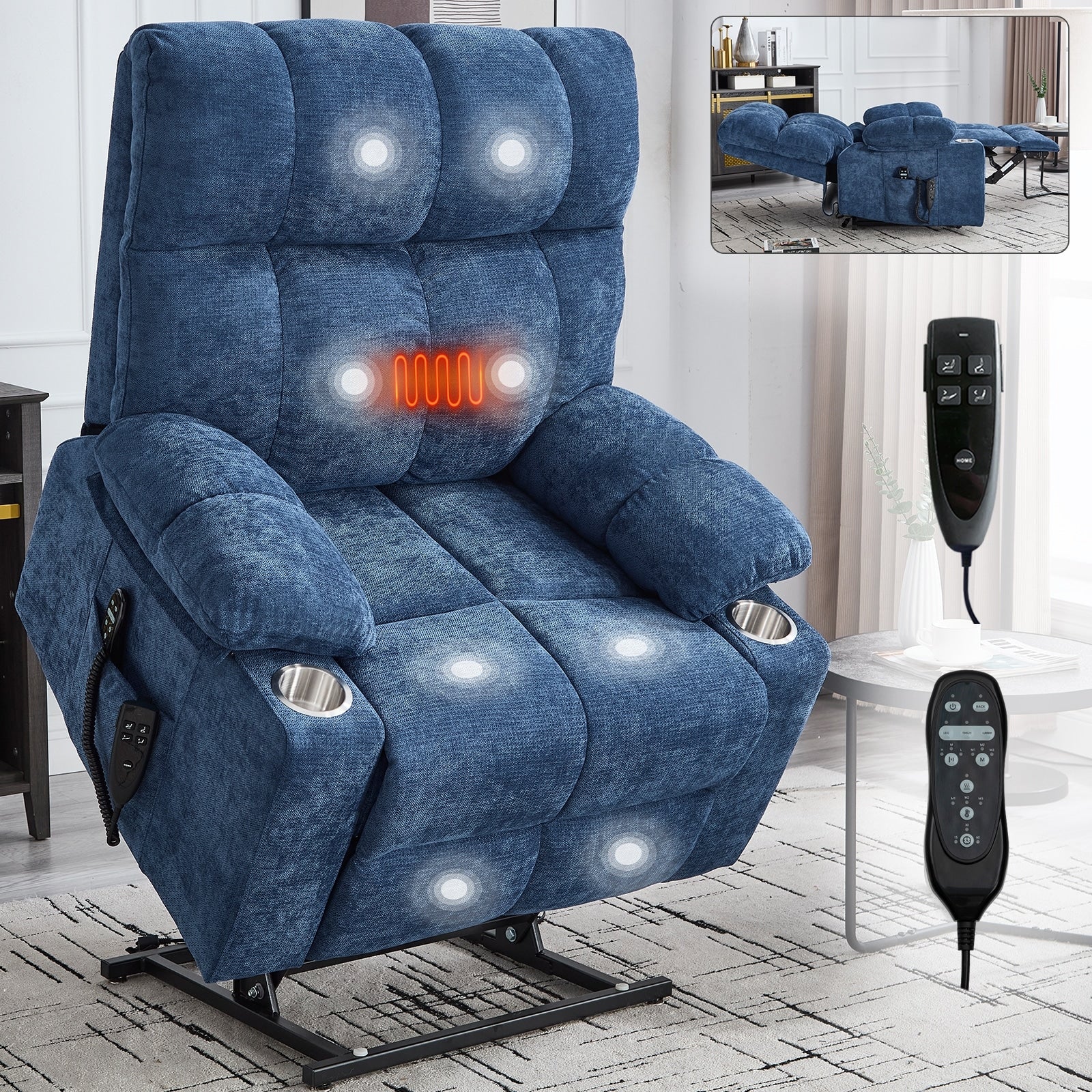 Oversized Power Lift Recliner Chair with Dual Motor, Massage & Lumbar Heat, Chenille Upholstery, Dual Cup Holders & Side Pockets