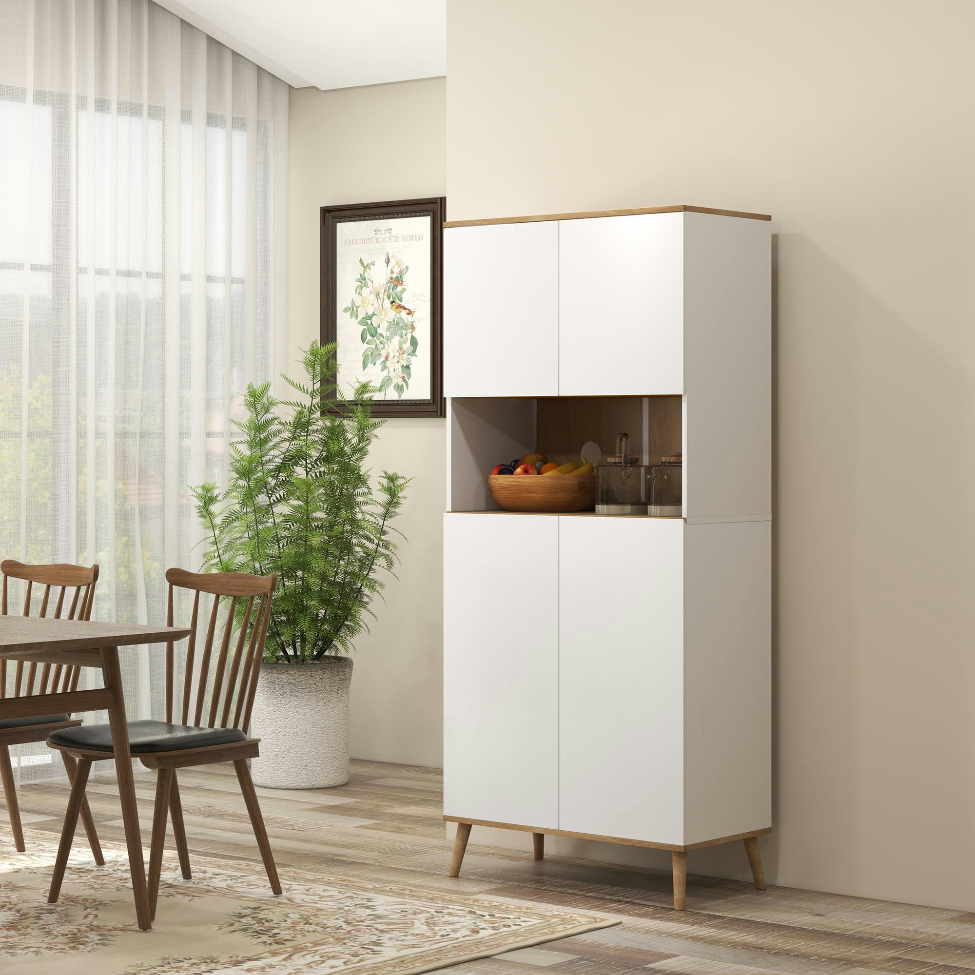 - Buffet haut 4 portes 3 étagères grande niche blanc aspect chêne clair