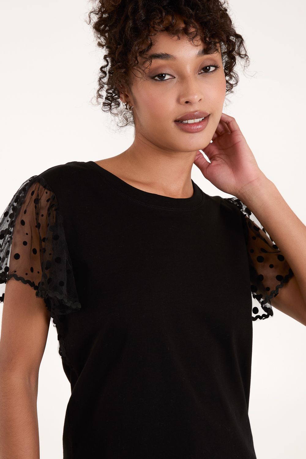 Blue Vanilla Polka Dot Mesh Sleeve T-shirt