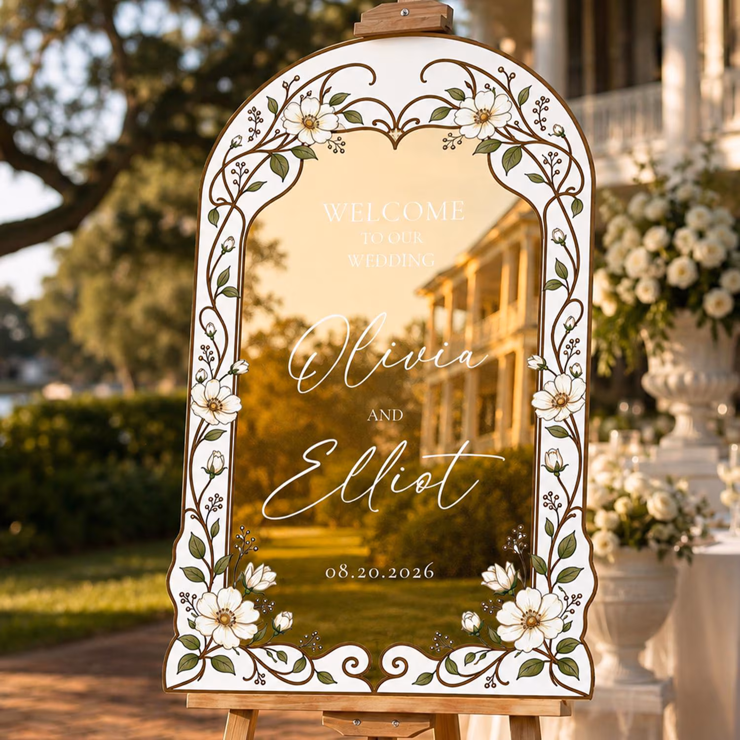 Silver Mirror Wedding Welcome Sign, White Floral Stained Glass Wedding Welcome Sign, Printed Mirror Acrylic Wedding Entrance Sign