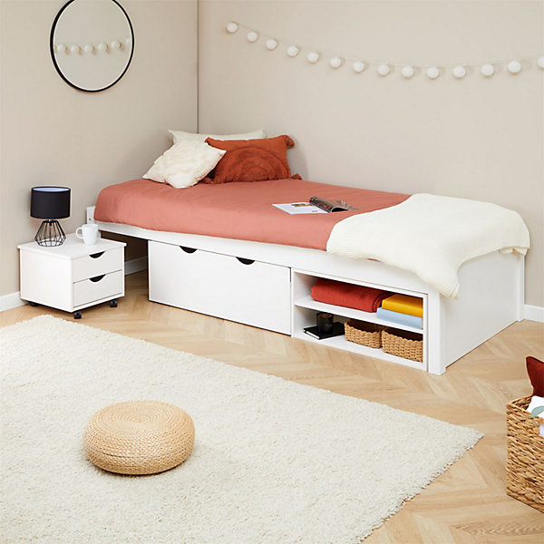 Lit fonctionnel SABRINA 90x190 cm, en pin massif lasuré blanc