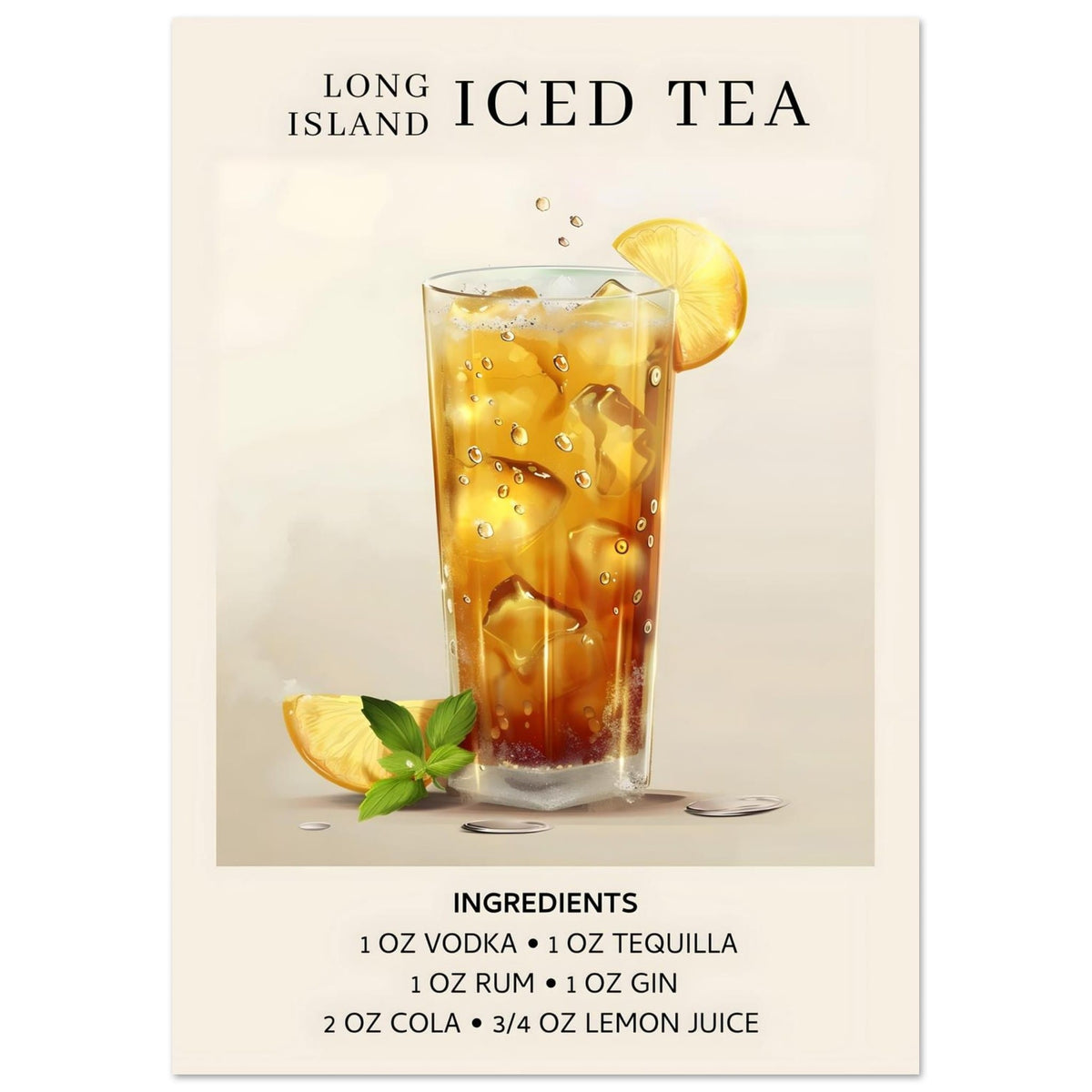 Artfulprints Poster Long Island Iced Tea cocktail - Ingrediënten  - A4 21x29.7 cm - Grijs