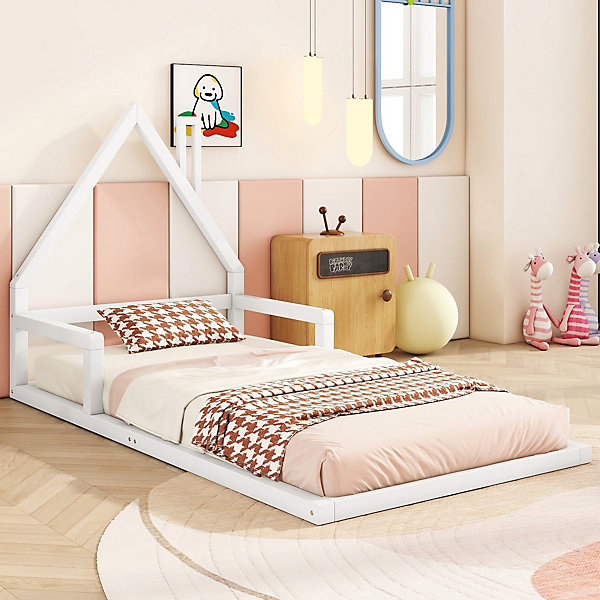 Lit enfant 90x200 cm - Lit Simple en Pin Massif et MDF, Structure Solide avec 7 Lattes, Sans Matelas,Blanche