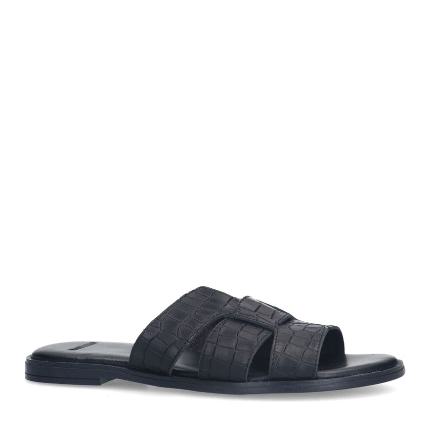 Manfield Zwarte leren croco slippers